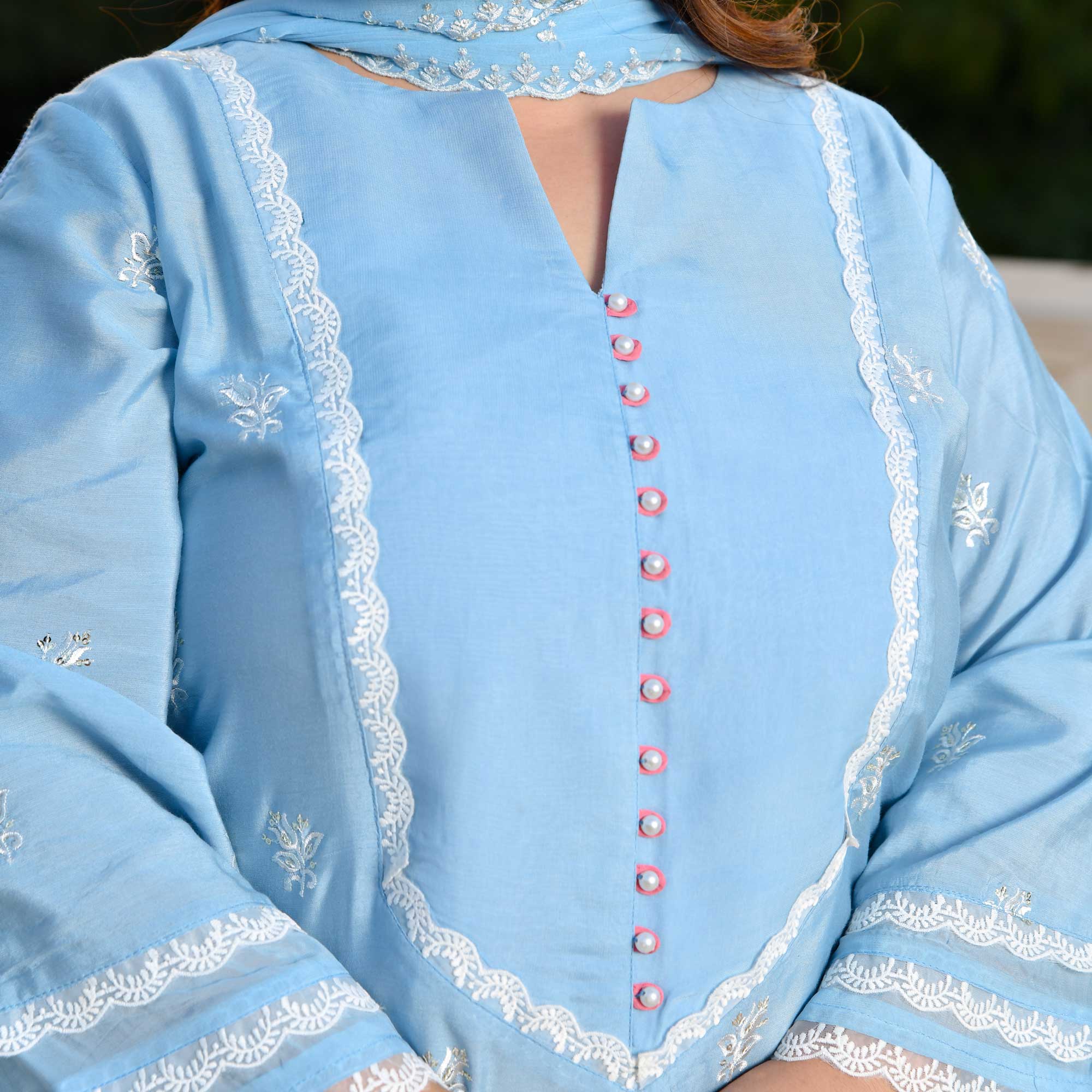 Casper Blue Thread Embroidered Muslin Suit Set - Image 5