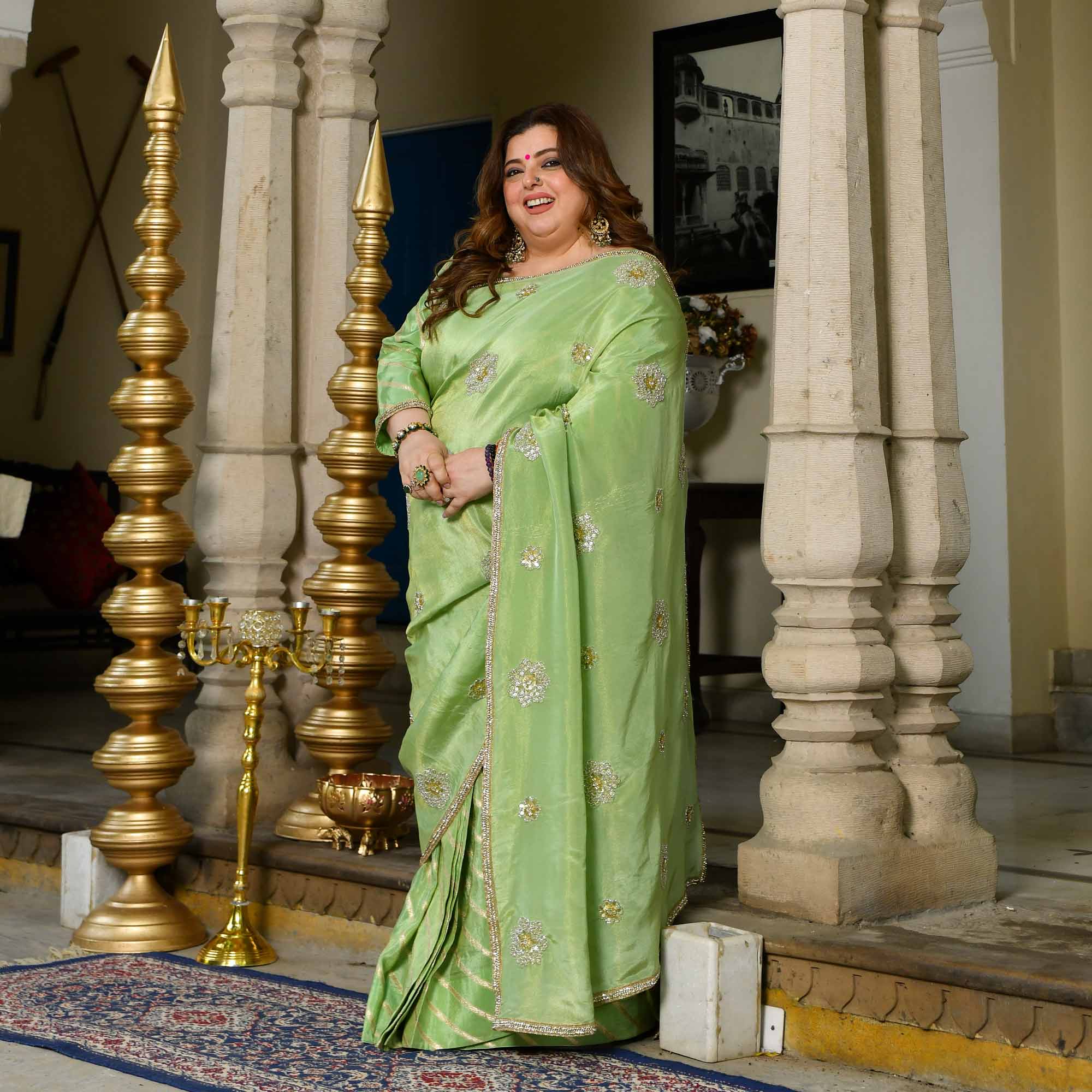 Celestial Pistachio Green Pure Tissue Silk Embroidered Pre-Drape Saree - Image 7
