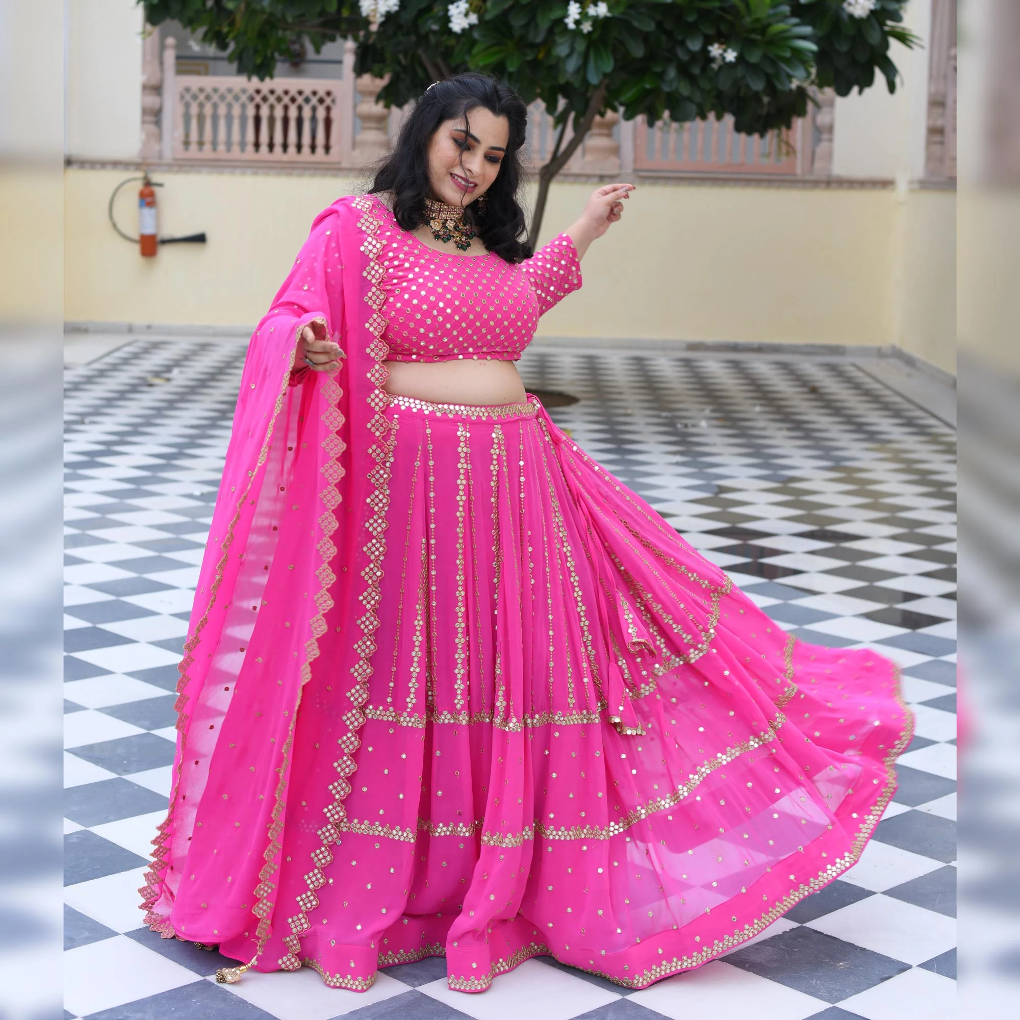 Cerise Pink Mirror Work Lehenga Set - Image 7