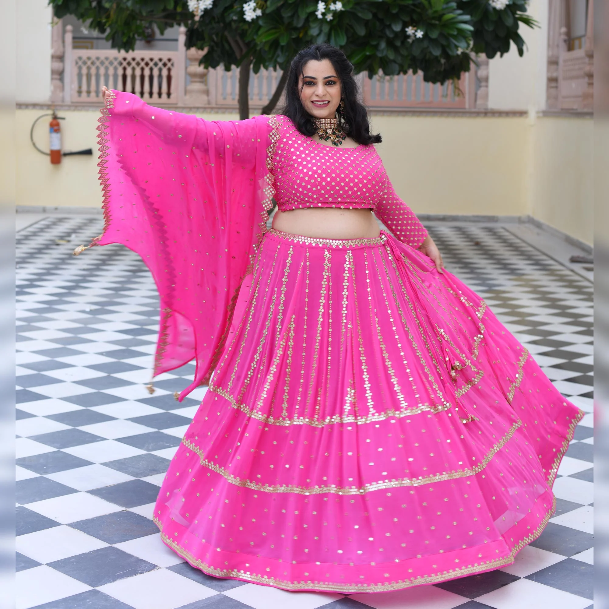 Cerise Pink Mirror Work Lehenga Set - Image 8