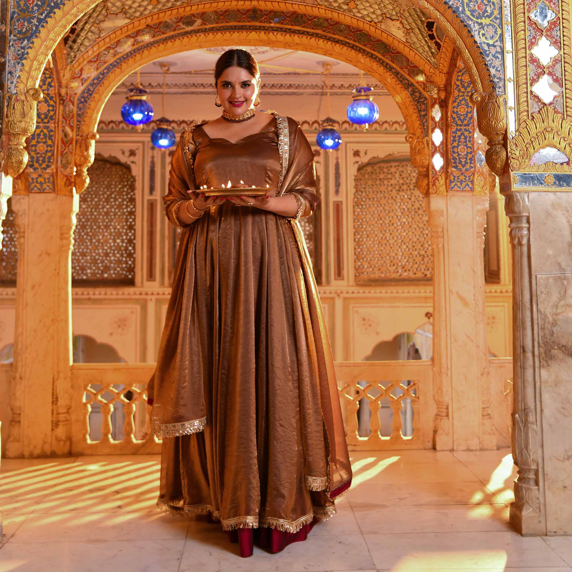 Chamakta Taaj- Copper & Gold Tissue Silk Anarkali Set - Image 15