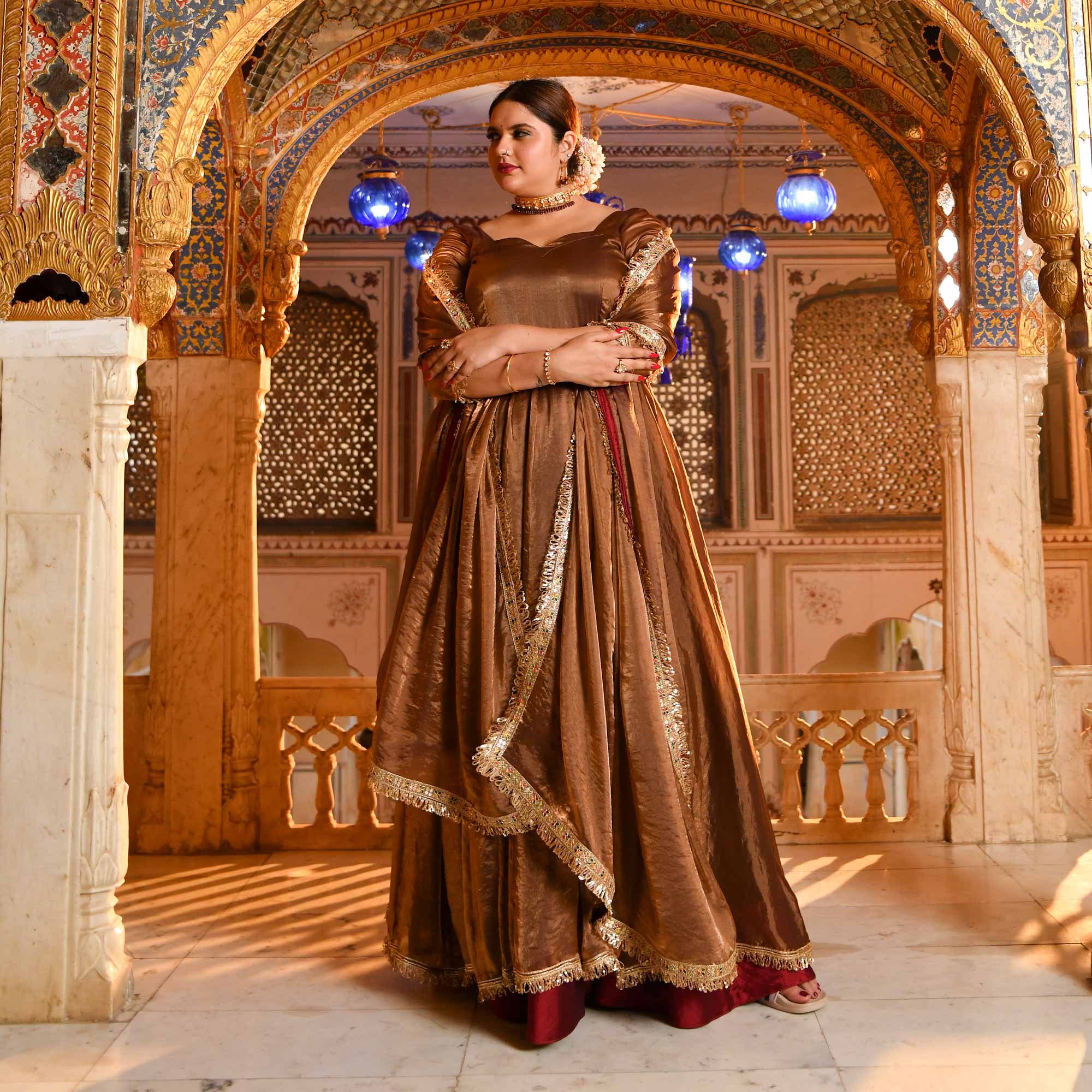 Chamakta Taaj- Copper & Gold Tissue Silk Anarkali Set - Image 5