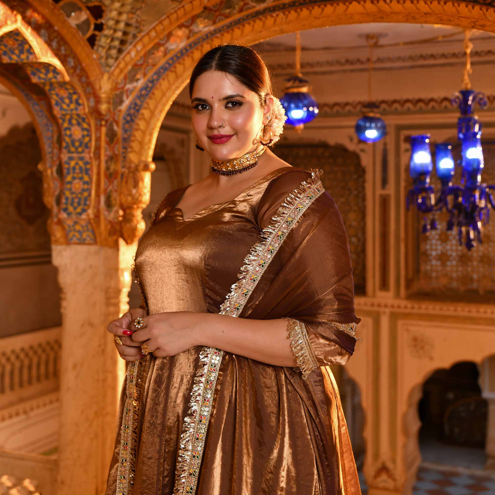 Chamakta Taaj- Copper & Gold Tissue Silk Anarkali Set - Image 7