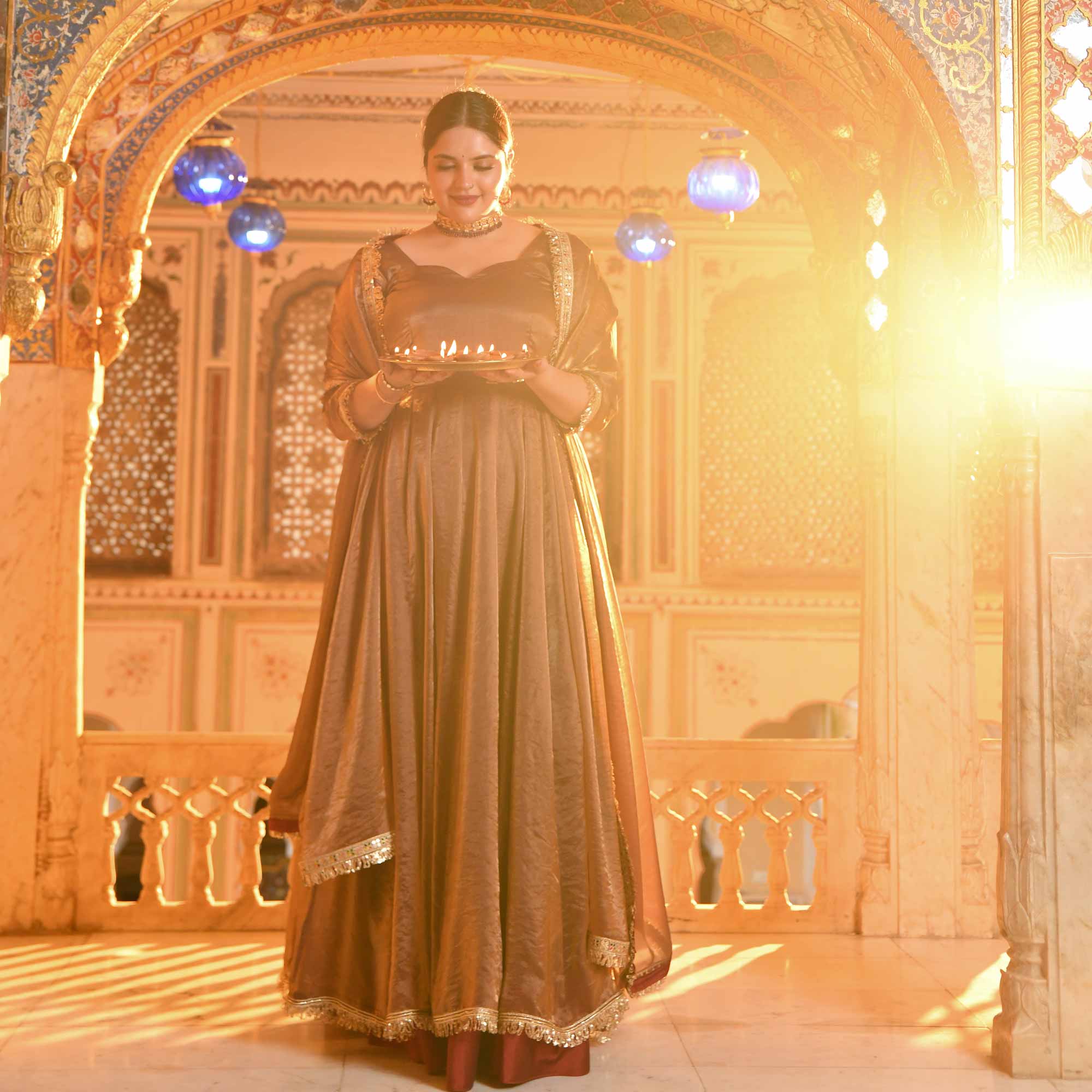 Chamakta Taaj- Copper & Gold Tissue Silk Anarkali Set - Image 8