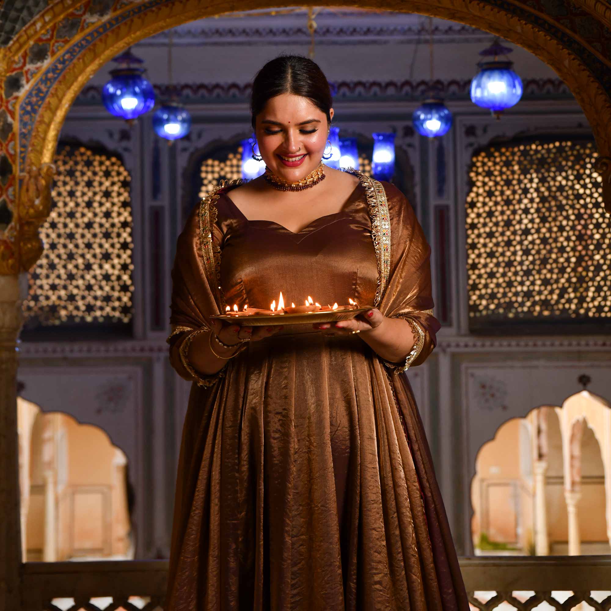 Chamakta Taaj- Copper & Gold Tissue Silk Anarkali Set - Image 9