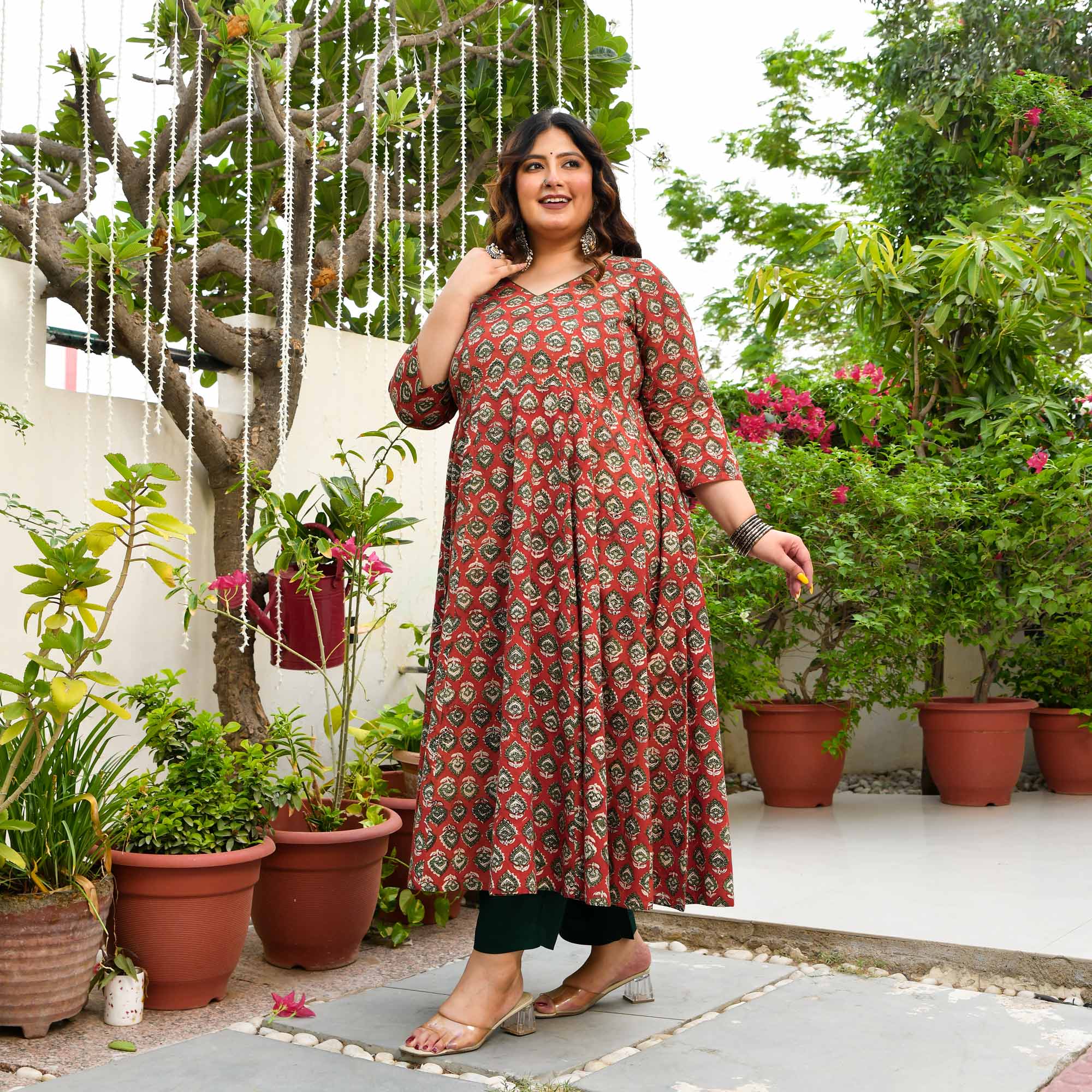 Chameli- Maroon Butta Handblock Printed Pure Cotton Anarkali - Image 9