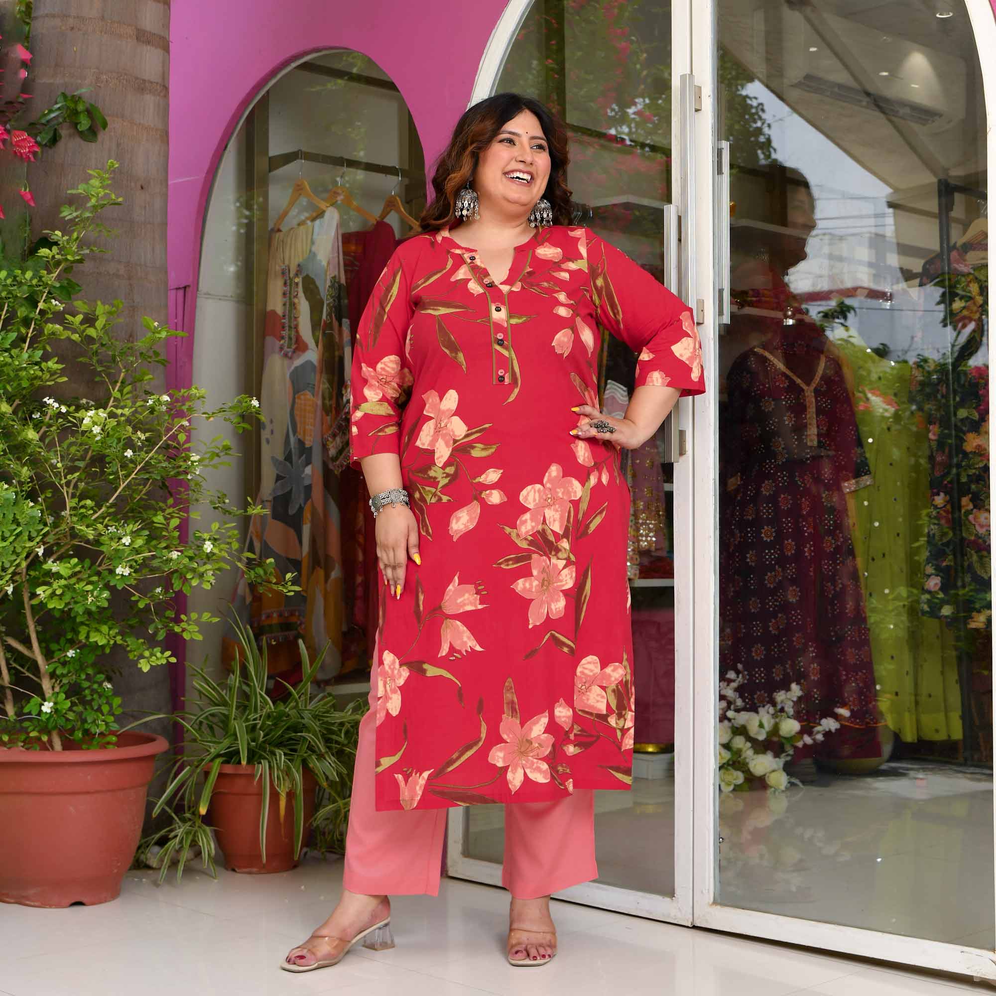 Champa- Red  Peach Floral Printed Pure Cotton Kurta - Image 3