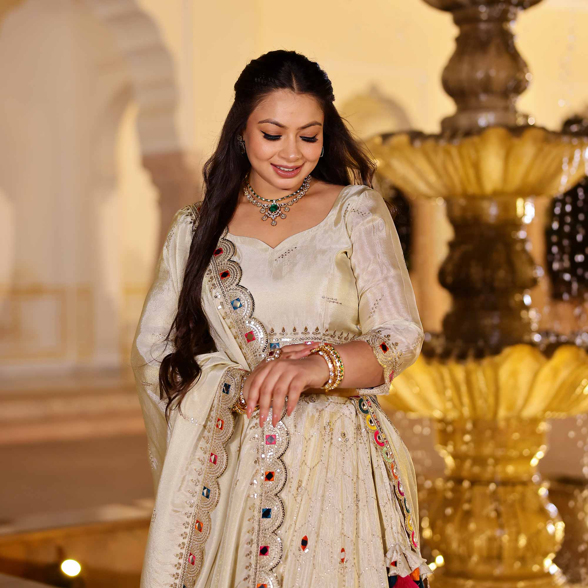 CHAND TARA Off-White & Gold Sequin Embroidered Pure Tissue Silk Lehenga Set - Image 13