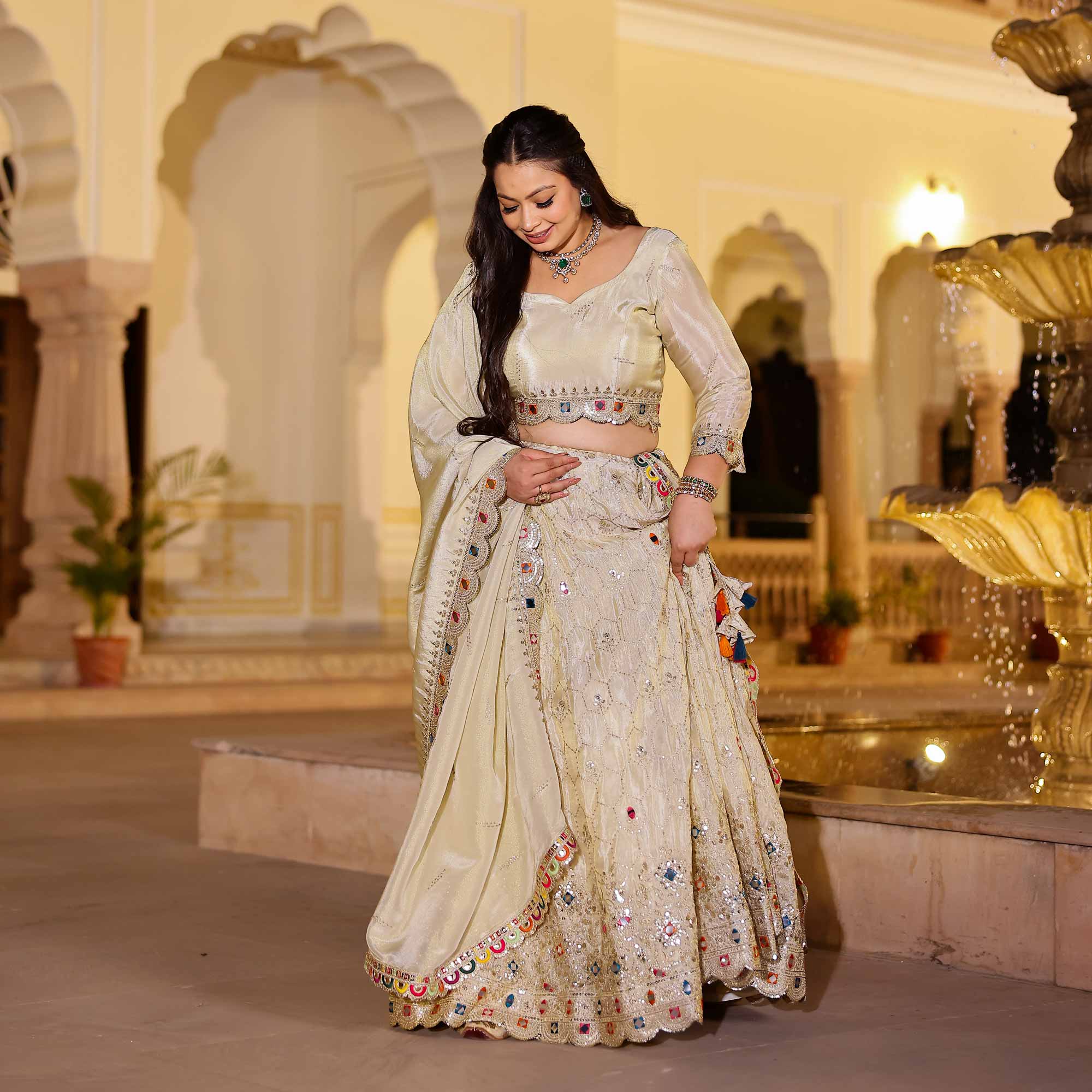 CHAND TARA Off-White & Gold Sequin Embroidered Pure Tissue Silk Lehenga Set - Image 3