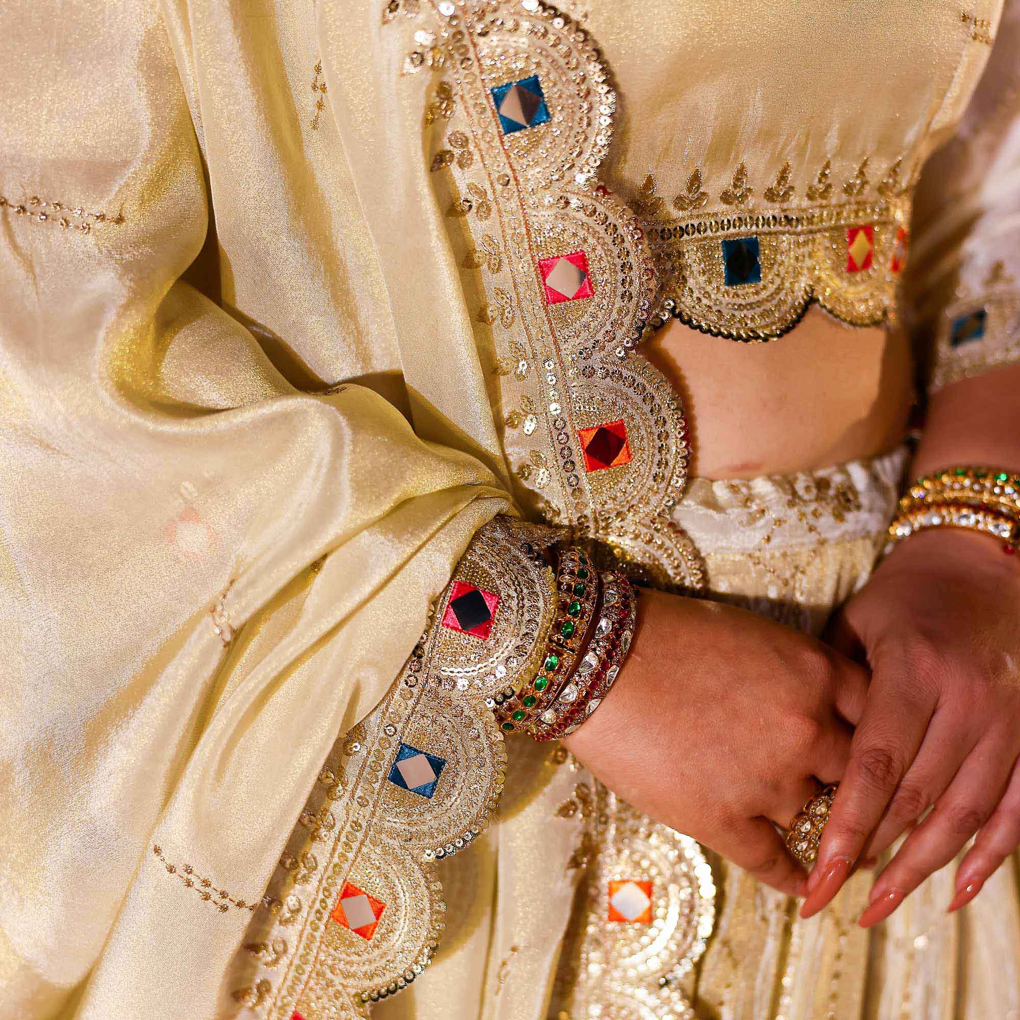 CHAND TARA Off-White & Gold Sequin Embroidered Pure Tissue Silk Lehenga Set - Image 4