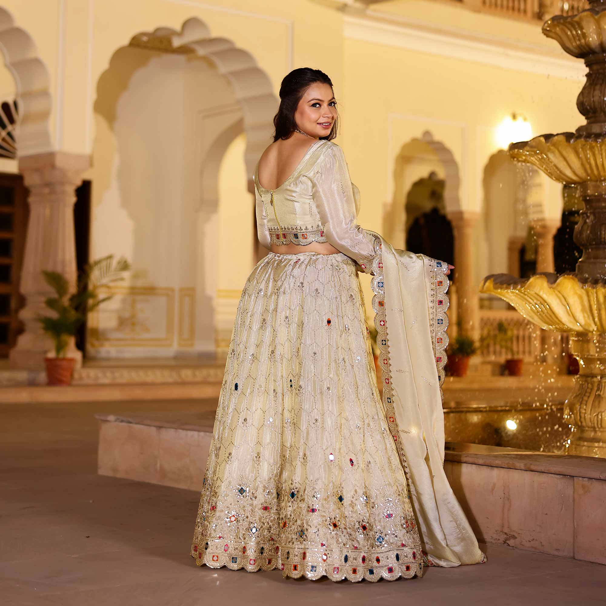 CHAND TARA Off-White & Gold Sequin Embroidered Pure Tissue Silk Lehenga Set - Image 5