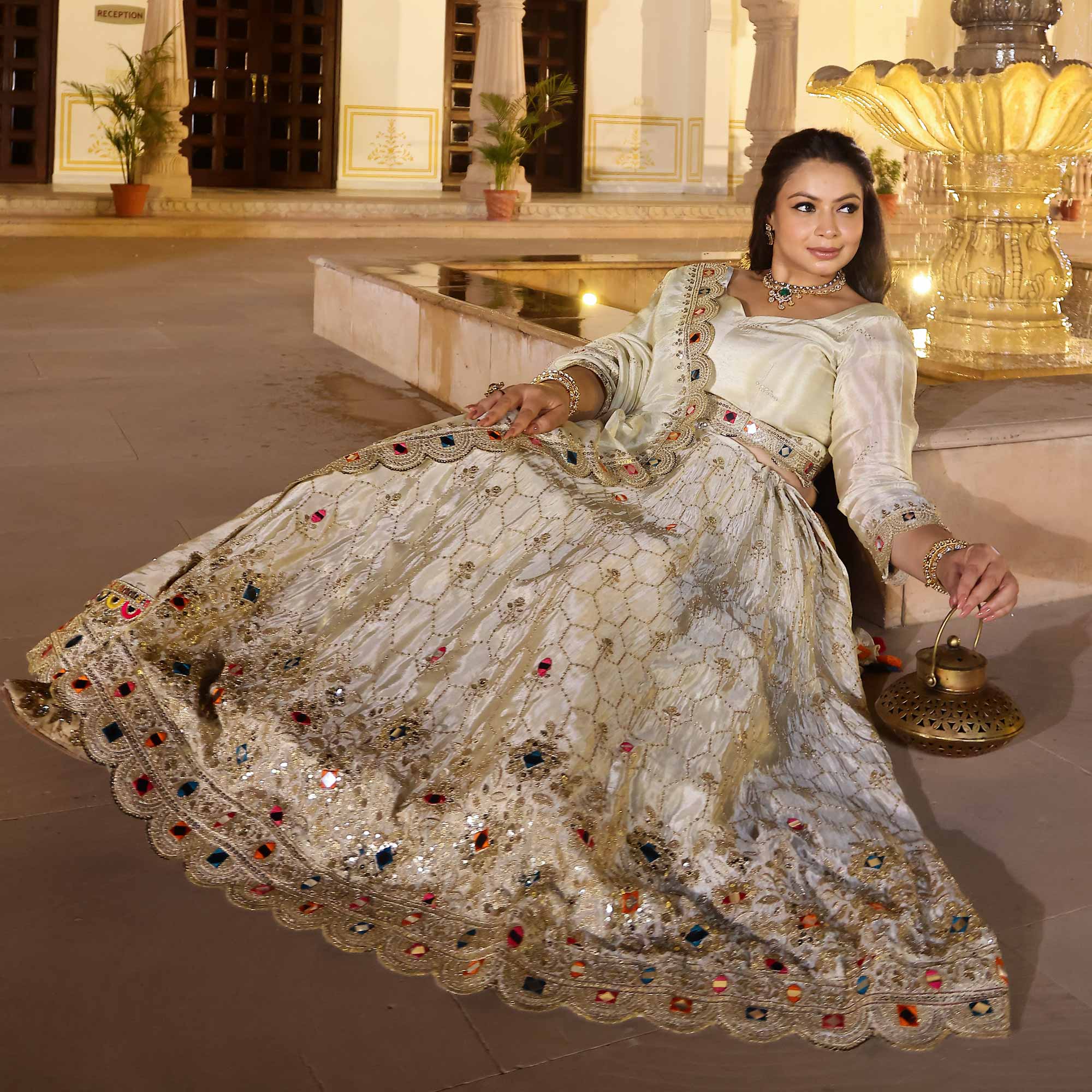CHAND TARA Off-White & Gold Sequin Embroidered Pure Tissue Silk Lehenga Set - Image 7