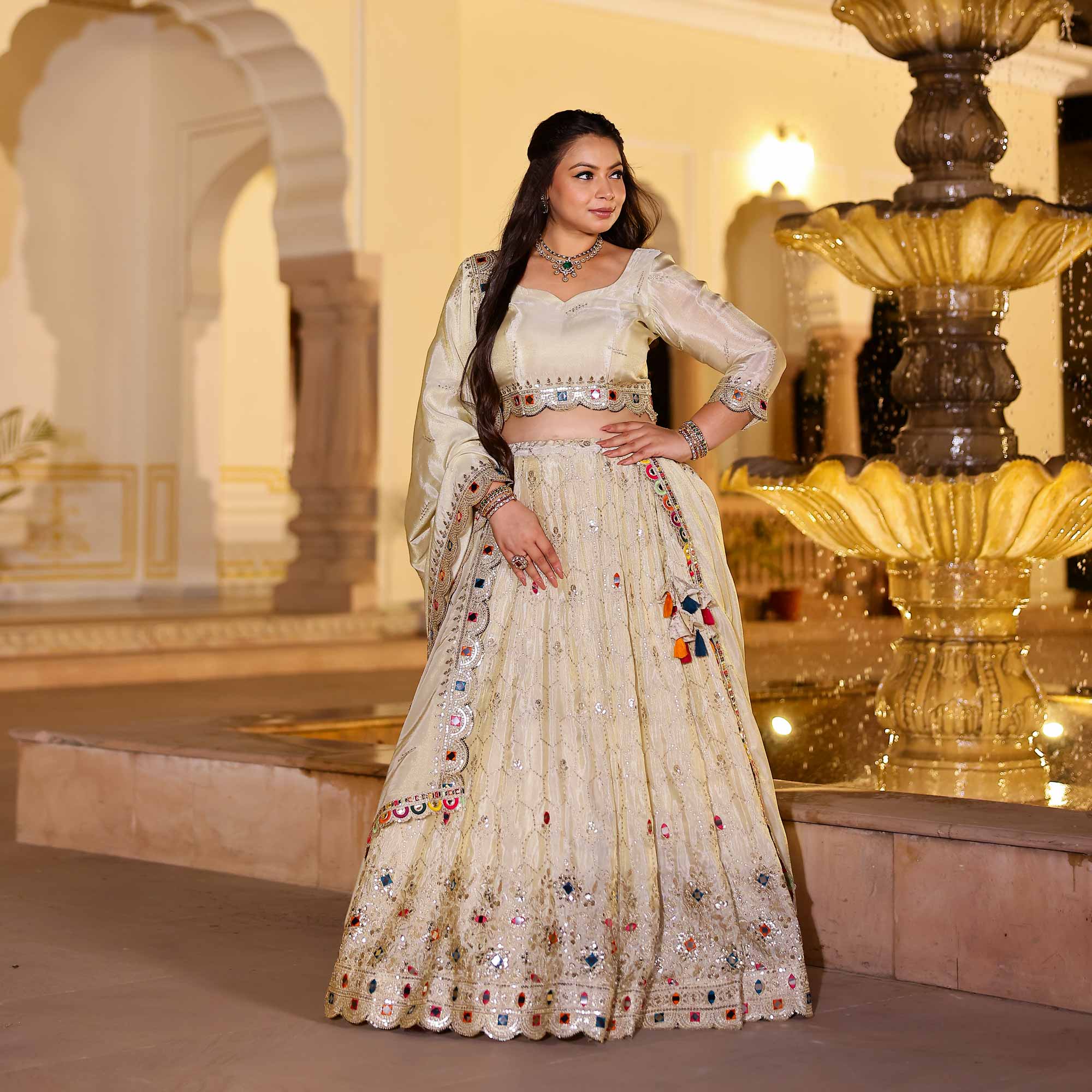 CHAND TARA Off-White & Gold Sequin Embroidered Pure Tissue Silk Lehenga Set - Image 8