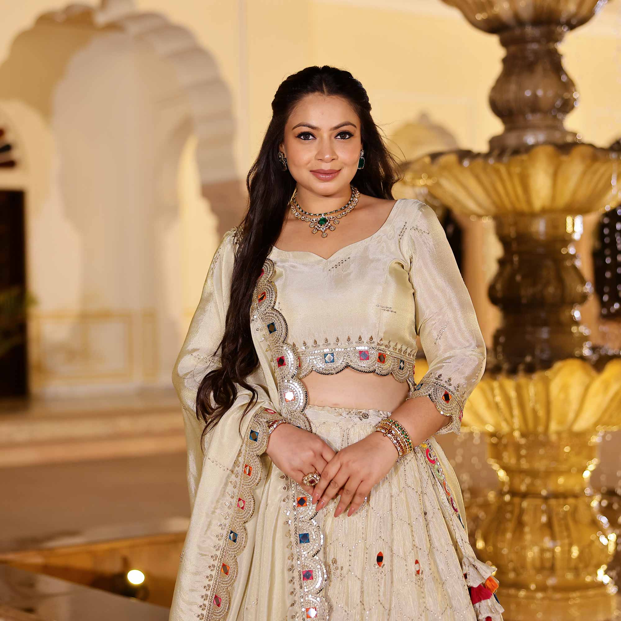 CHAND TARA Off-White & Gold Sequin Embroidered Pure Tissue Silk Lehenga Set - Image 9