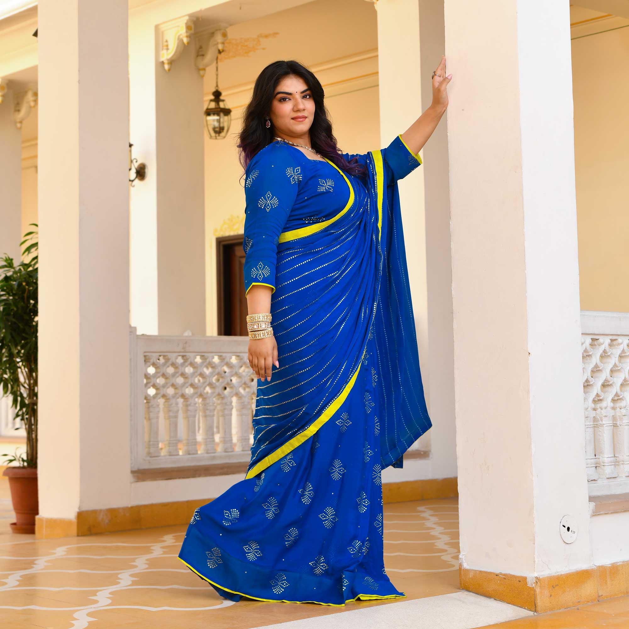 Chandani Leher- Electric Blue & Gold Embroidered Pre-drape Saree Set - Image 10