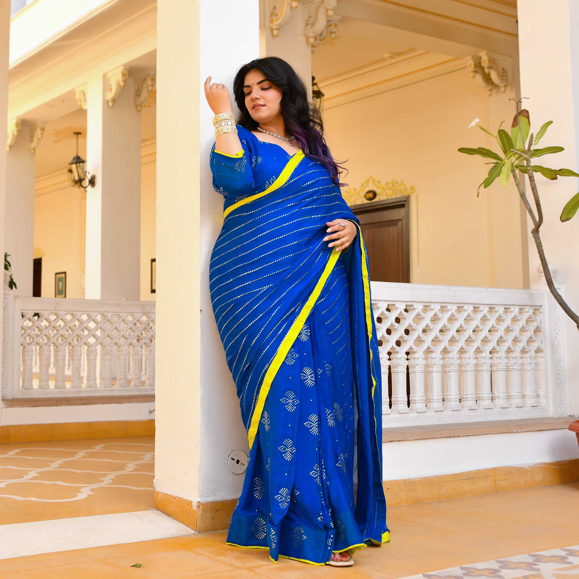 Chandani Leher- Electric Blue & Gold Embroidered Pre-drape Saree Set - Image 12