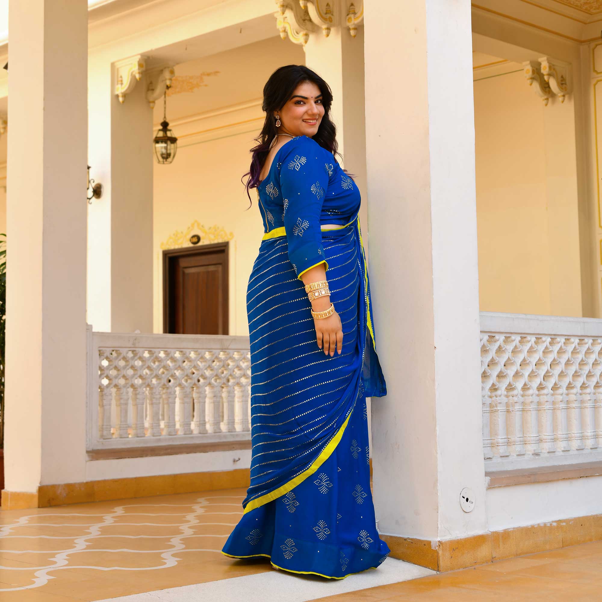 Chandani Leher- Electric Blue & Gold Embroidered Pre-drape Saree Set - Image 13