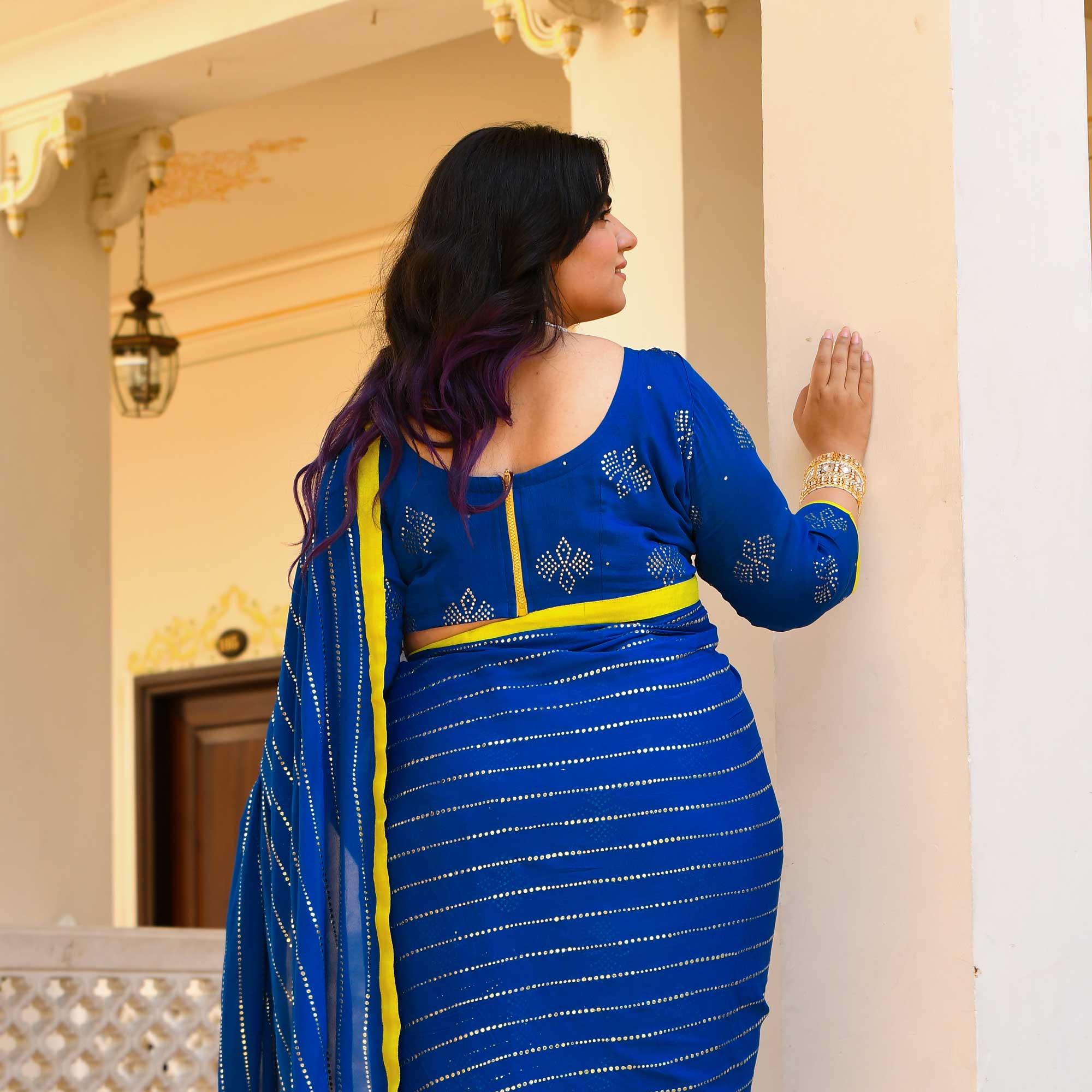 Chandani Leher- Electric Blue & Gold Embroidered Pre-drape Saree Set - Image 4