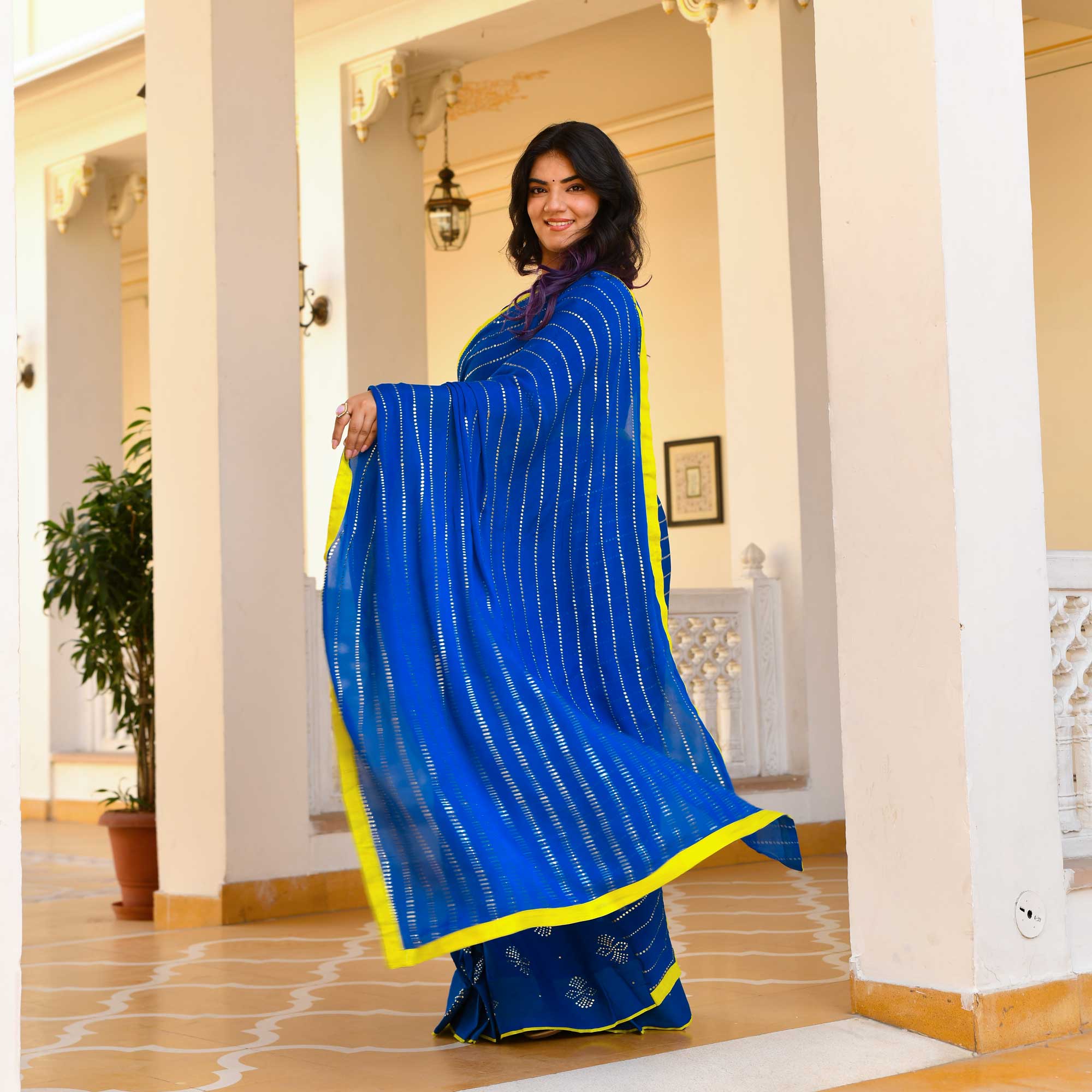 Chandani Leher- Electric Blue & Gold Embroidered Pre-drape Saree Set - Image 7