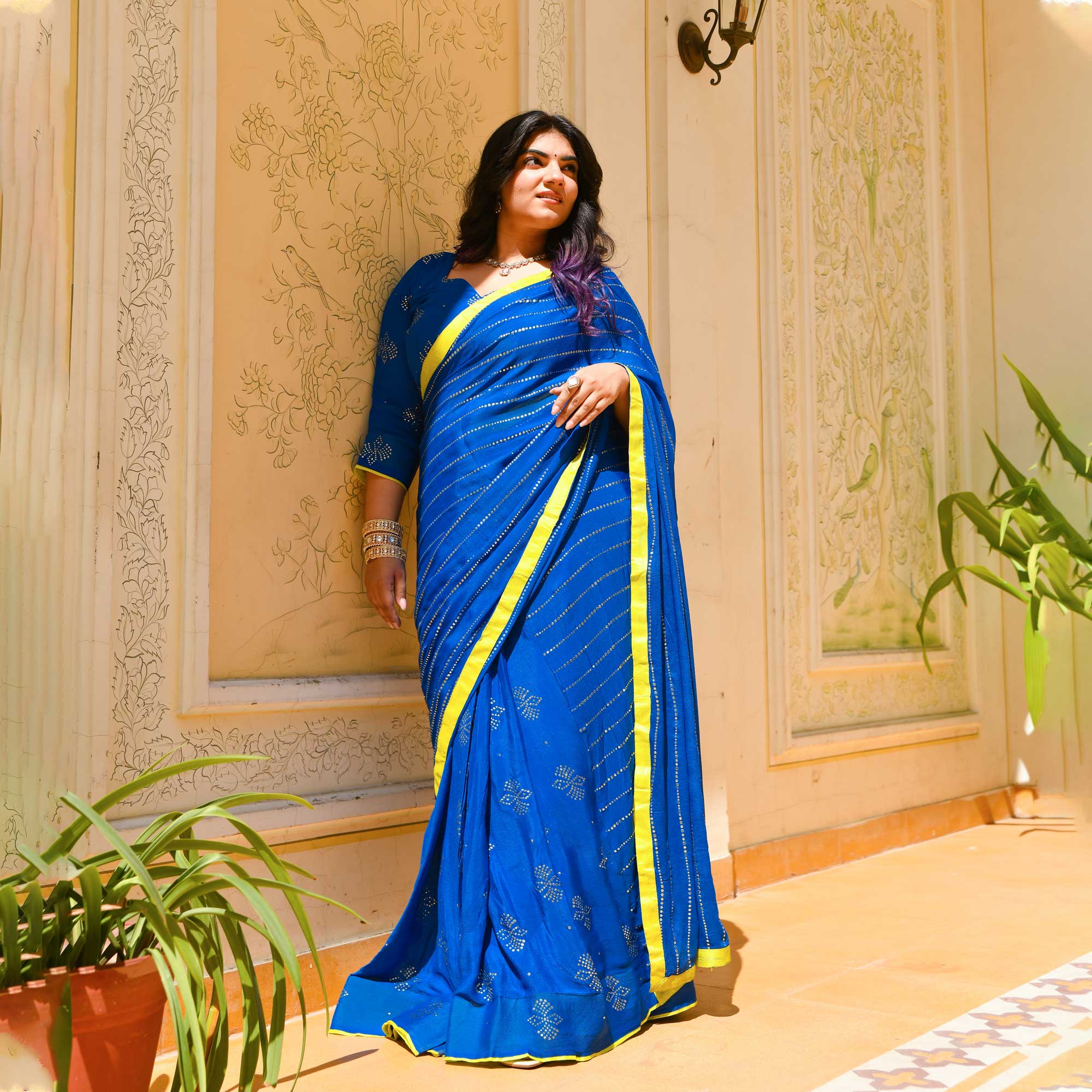 Chandani Leher- Electric Blue & Gold Embroidered Pre-drape Saree Set - Image 9