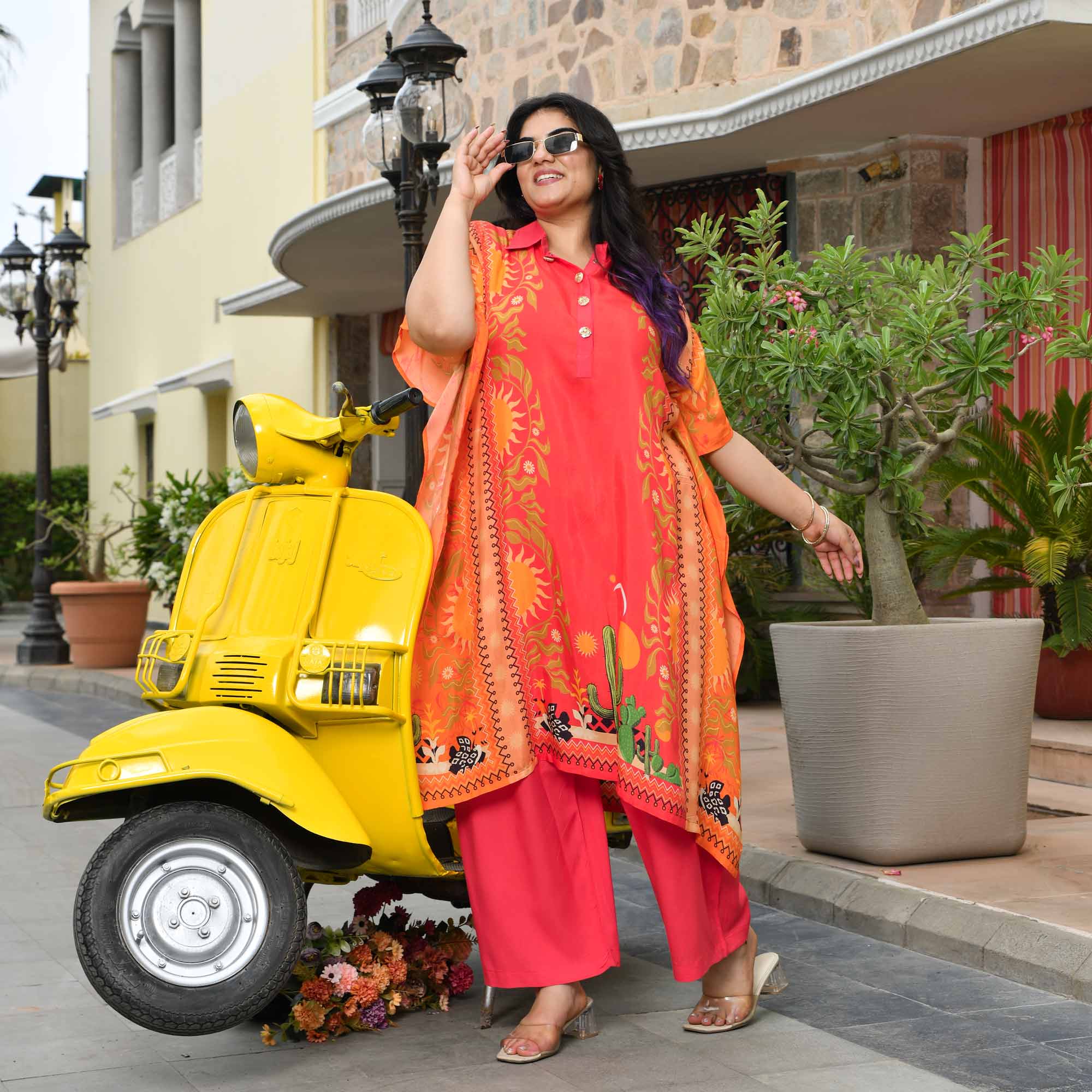 Charmie- Tangerine & Carrot Pure Muslin Kaftan Co-ord Set - Image 3