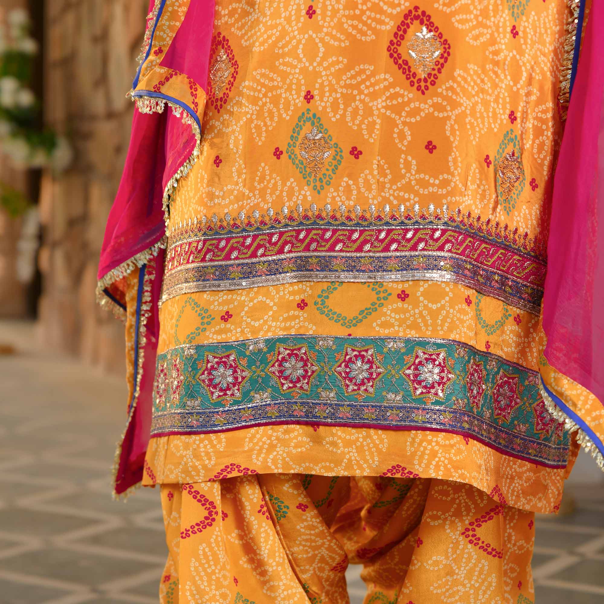 Chokho - Mustard Yellow Fusion Bandhani Pure Crepe Farshi Salwar Set - Image 6