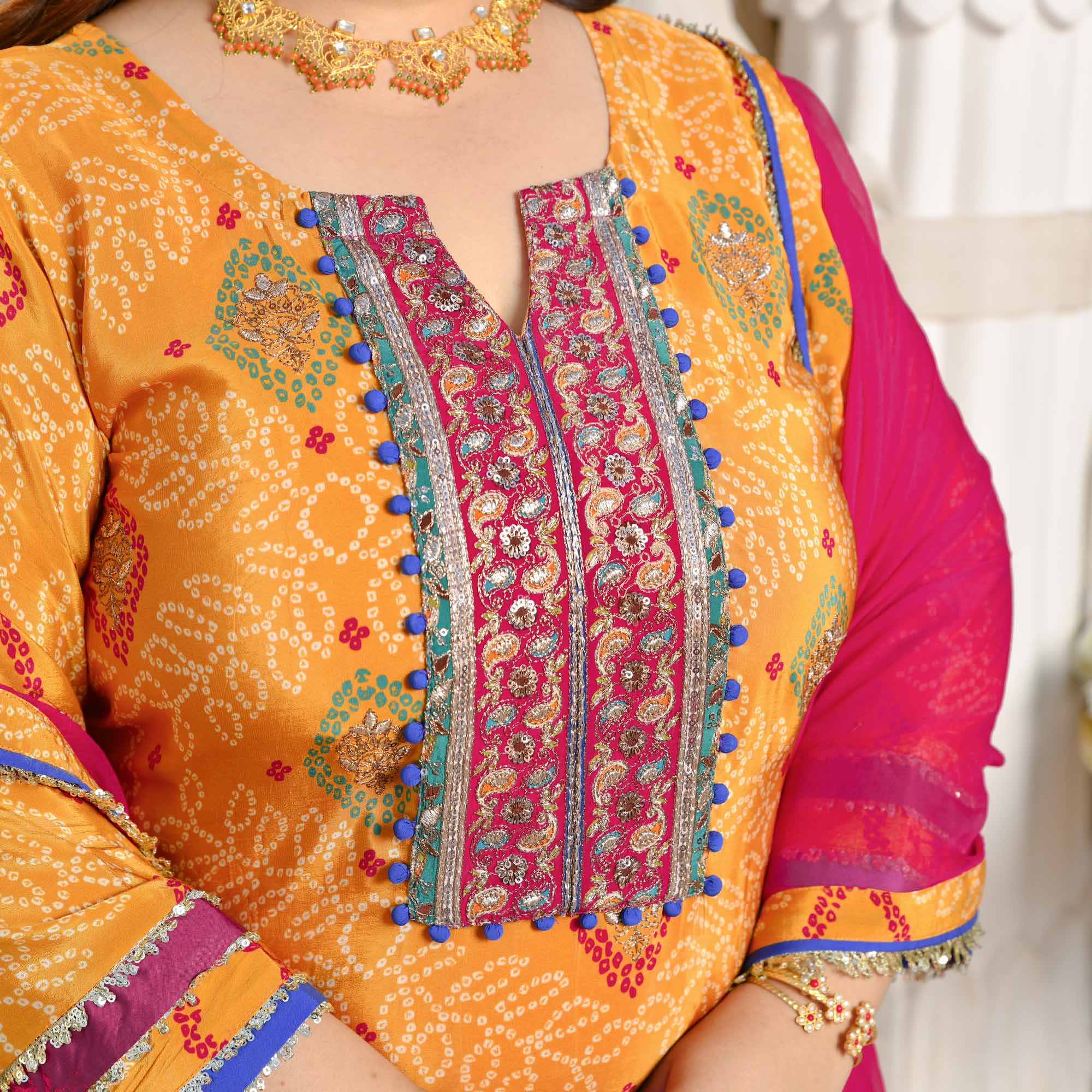 Chokho - Mustard Yellow Fusion Bandhani Pure Crepe Farshi Salwar Set - Image 8
