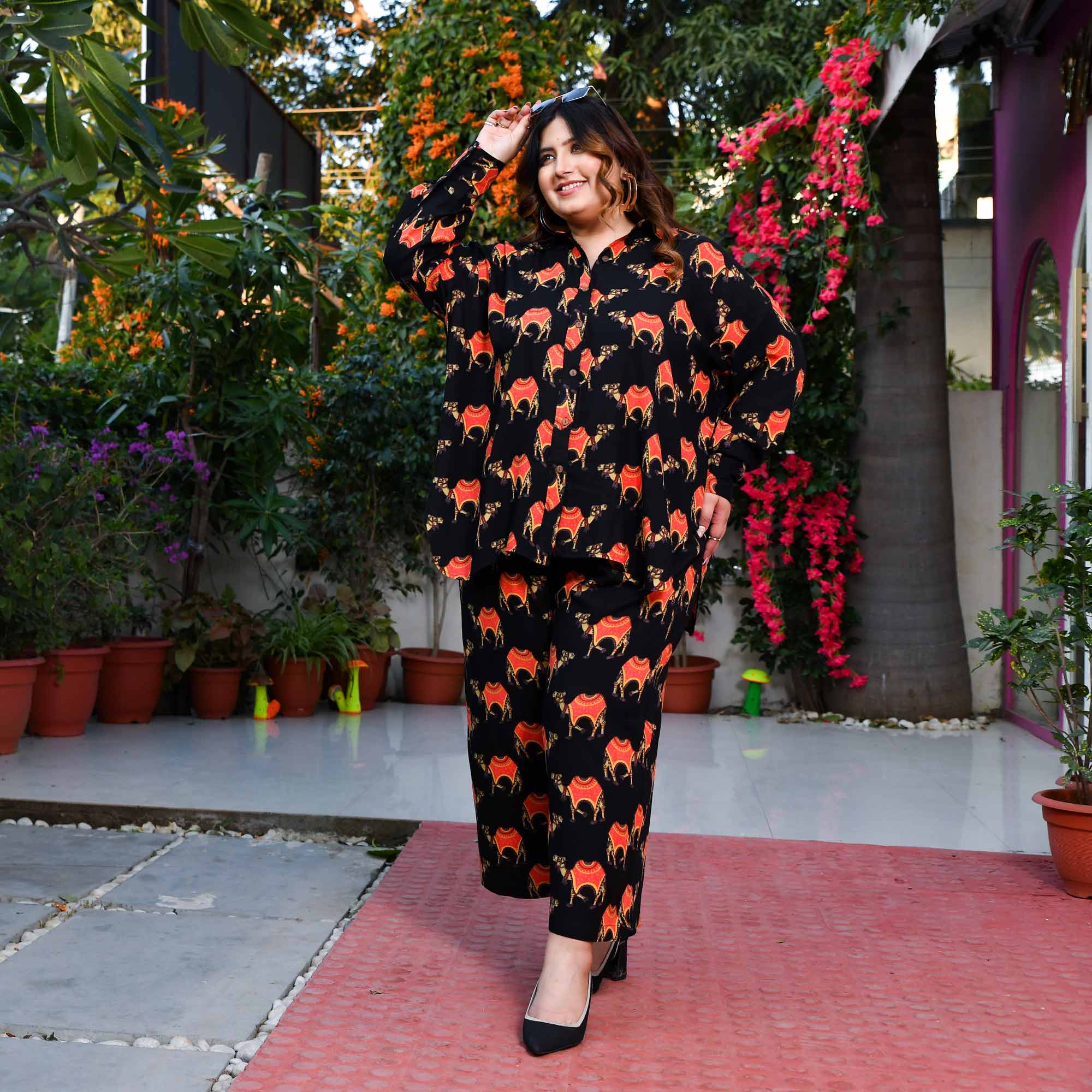 Cinder- Black & Orange Rayon Printed Co-ord Set - Image 4