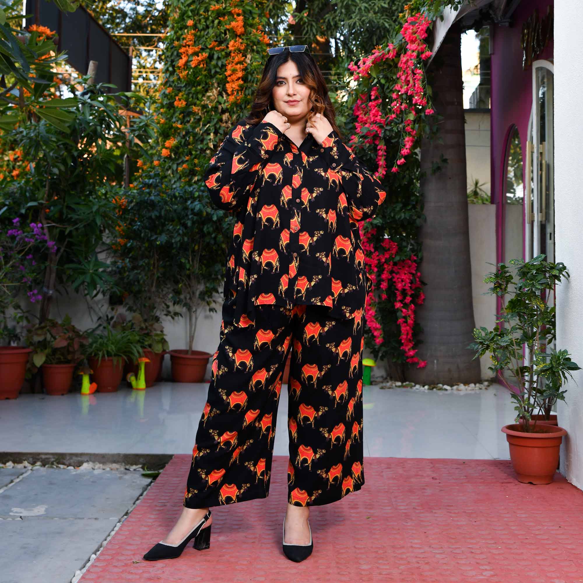 Cinder- Black & Orange Rayon Printed Co-ord Set - Image 5
