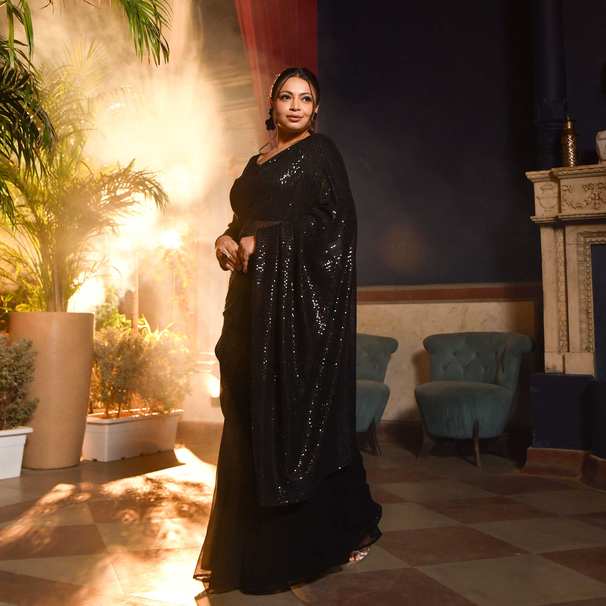 Cosmic Black Sequin Drape Saree Set - Image 3