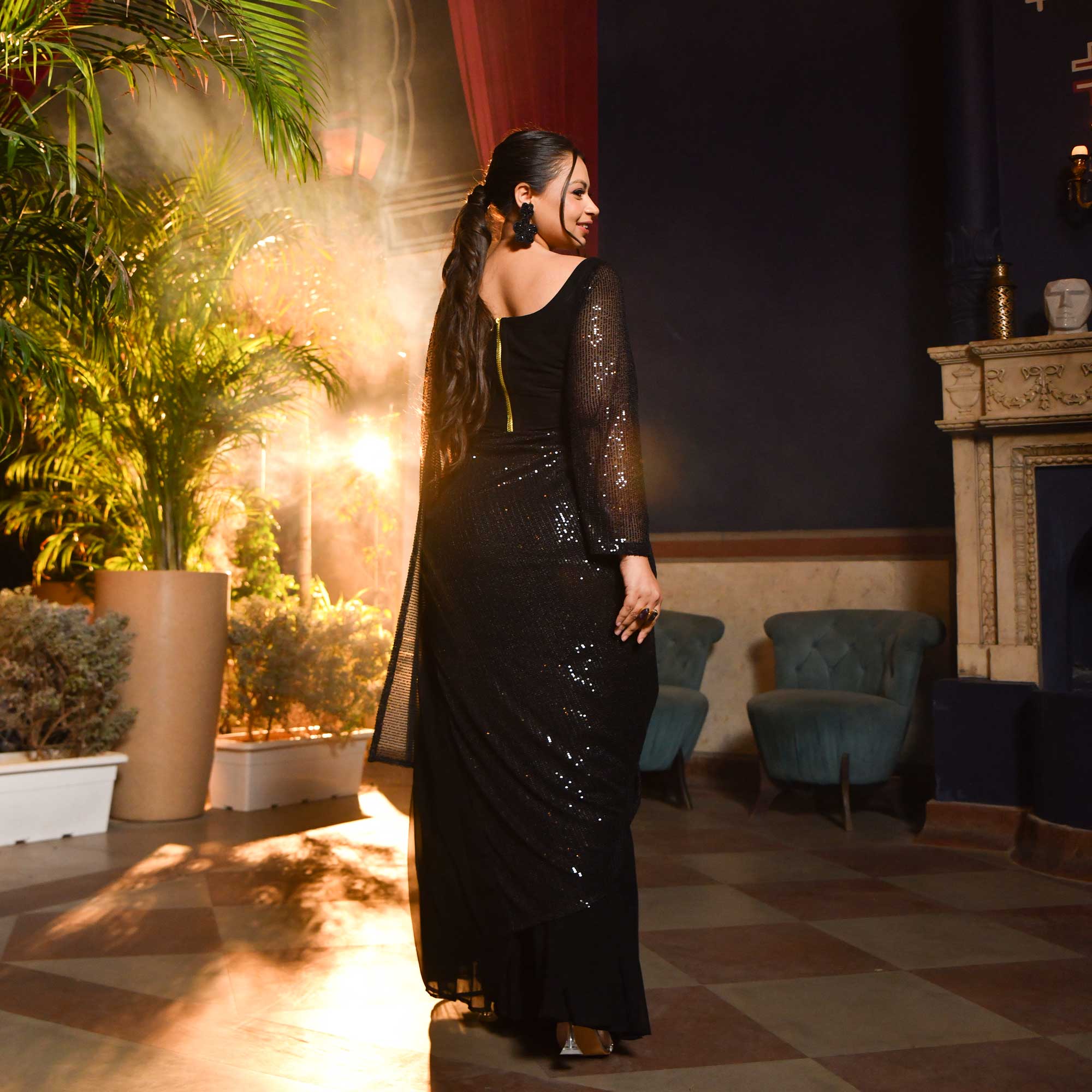 Cosmic Black Sequin Drape Saree Set - Image 7