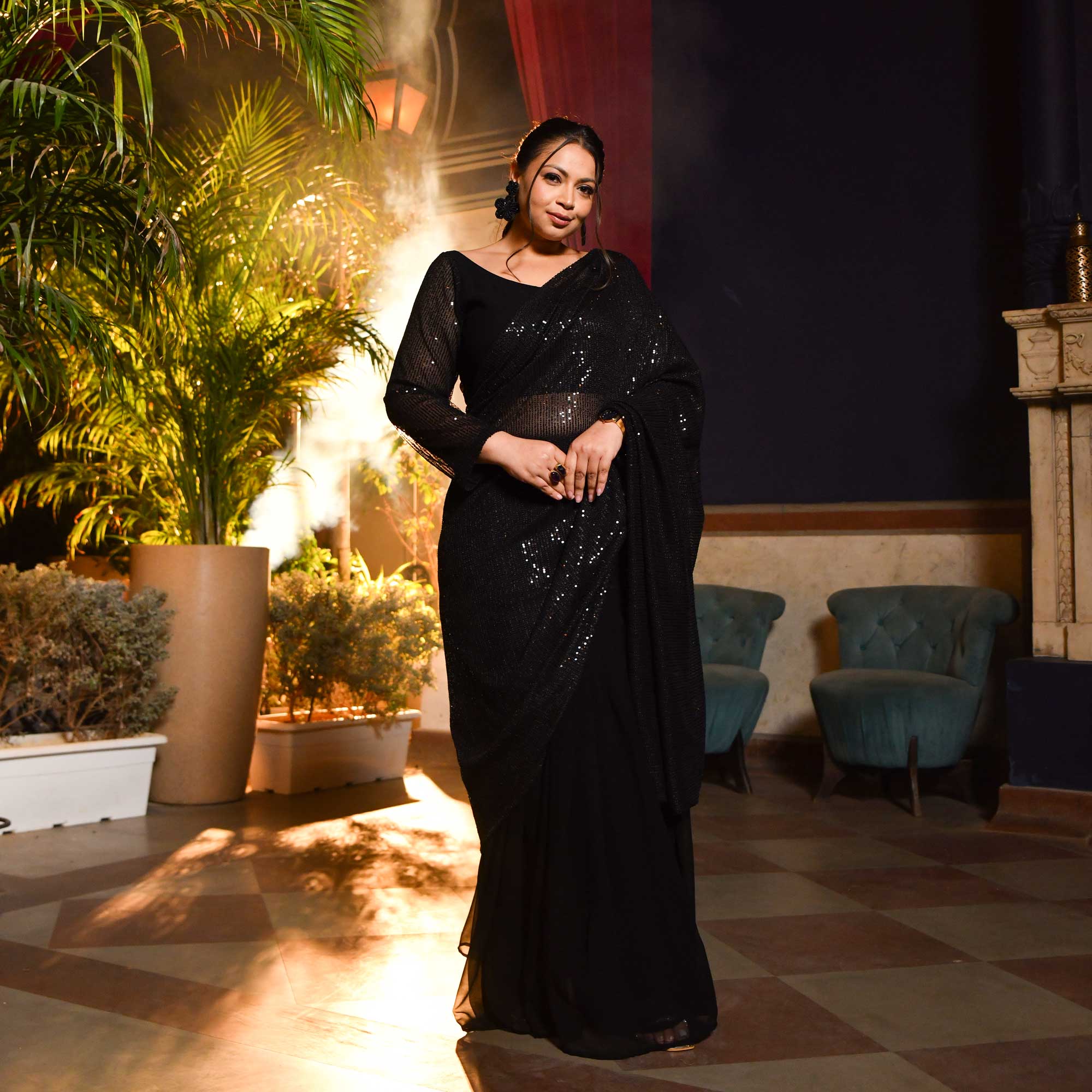 Cosmic Black Sequin Drape Saree Set - Image 9
