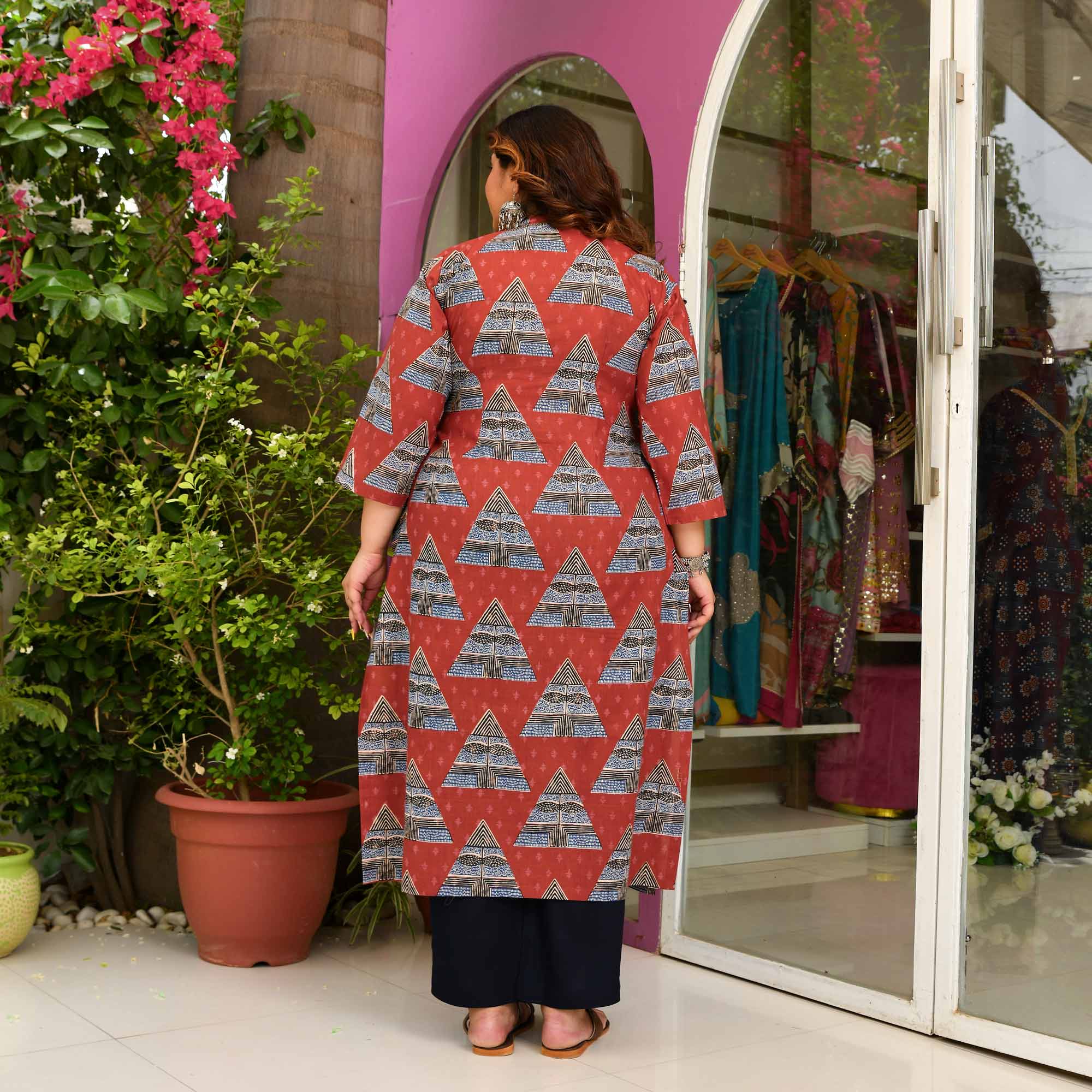 Crispy Nachos- Maroon & Blue Ajrakh Printed Pure Cotton Kurta - Image 5