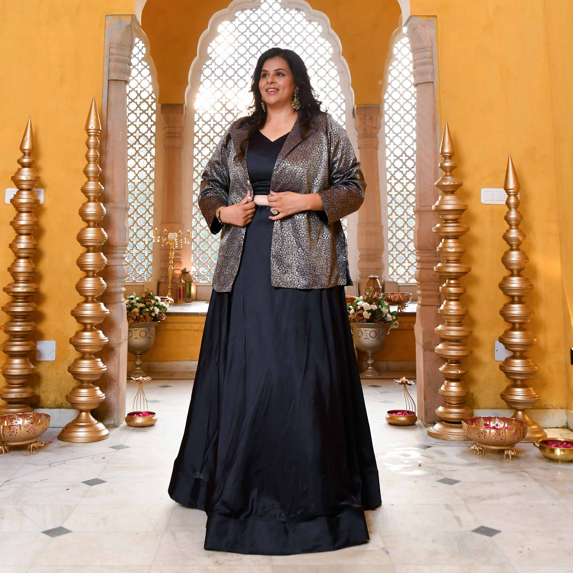 Crown-Luxe Navy Satin Lehenga Set With Banarasi Brocade Jacket - Image 3