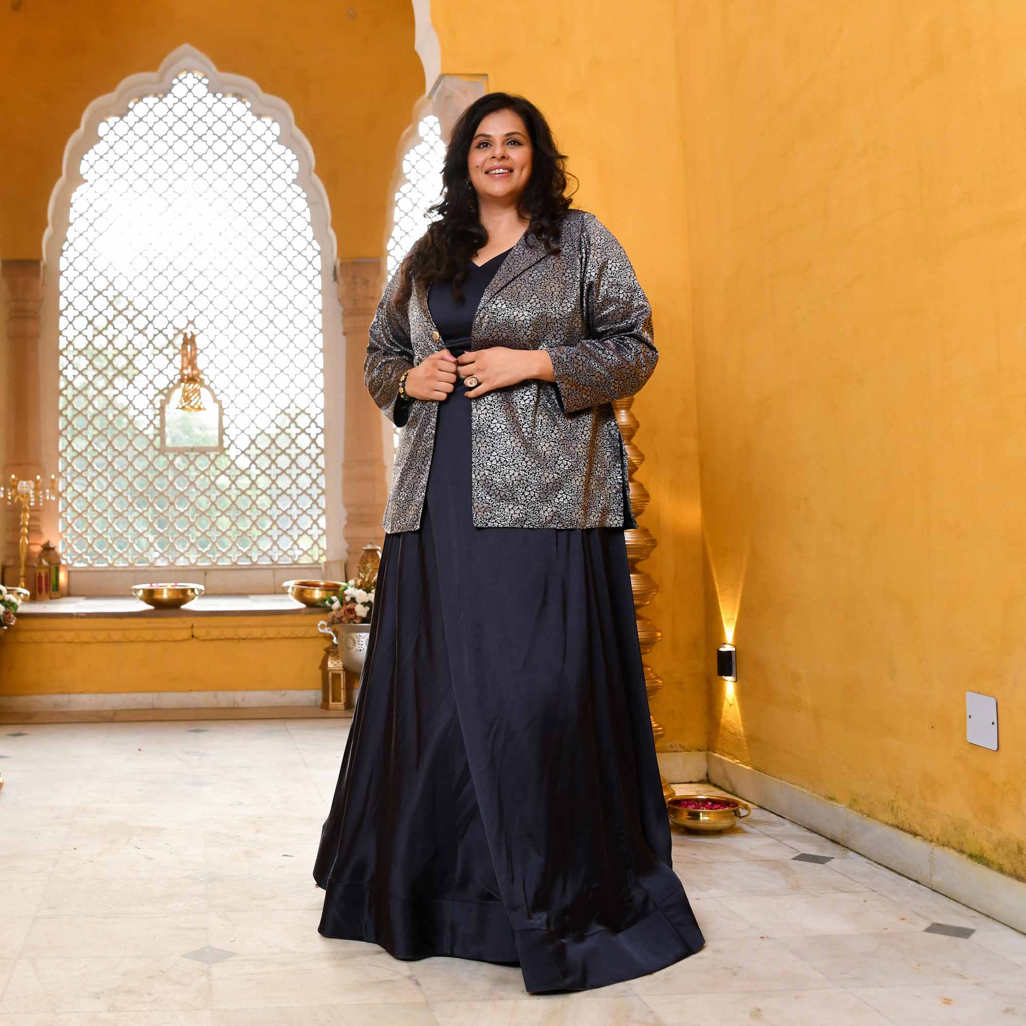 Crown-Luxe Navy Satin Lehenga Set With Banarasi Brocade Jacket - Image 5
