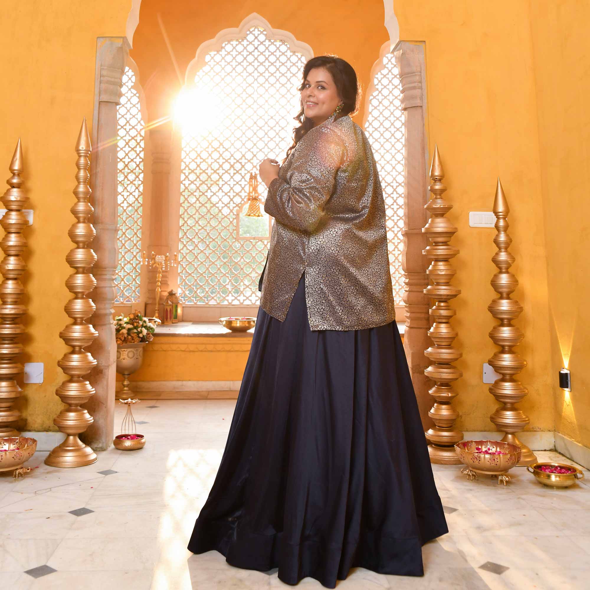 Crown-Luxe Navy Satin Lehenga Set With Banarasi Brocade Jacket - Image 7