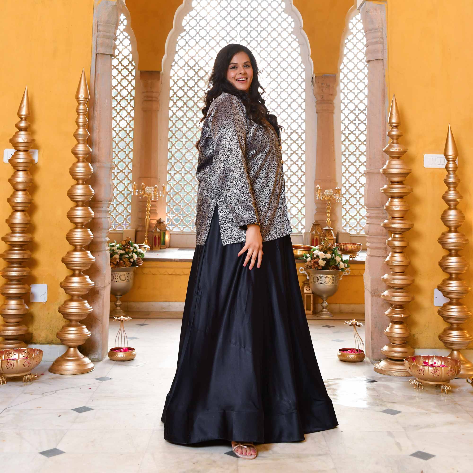 Crown-Luxe Navy Satin Lehenga Set With Banarasi Brocade Jacket - Image 8