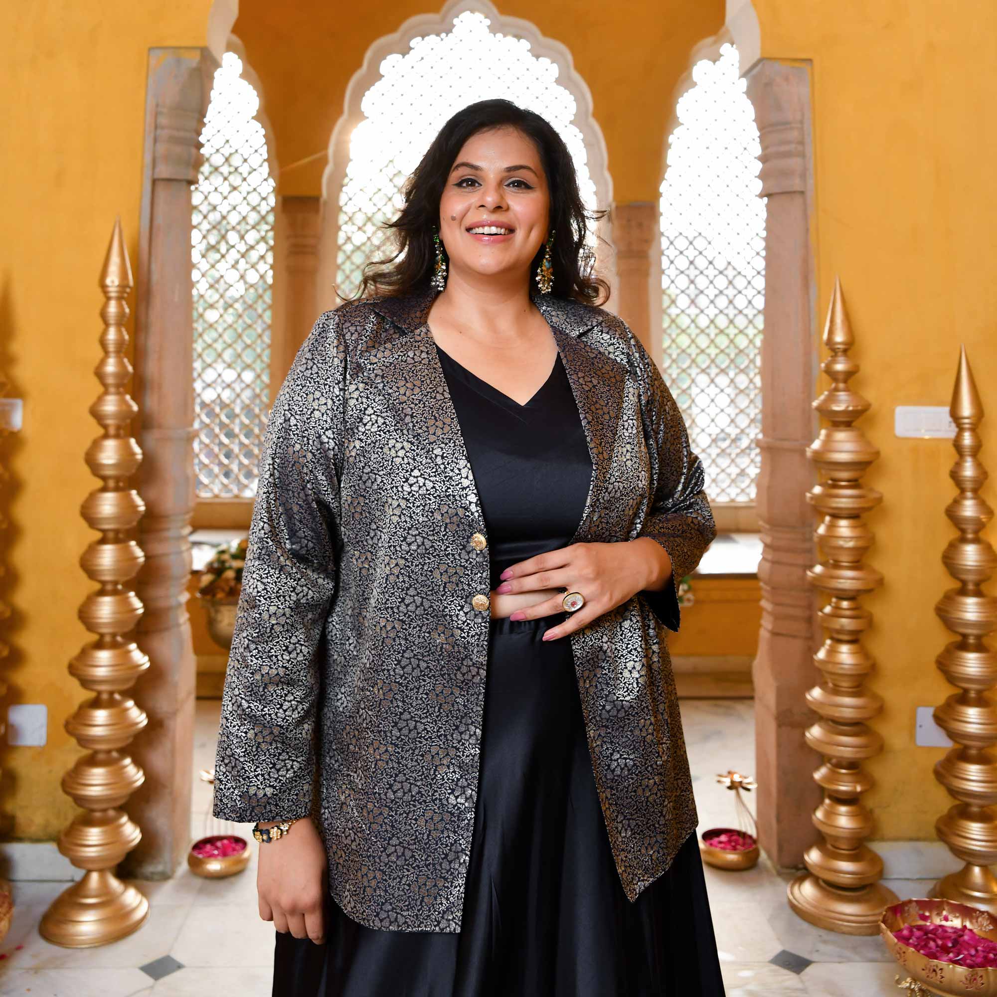 Crown-Luxe Navy Satin Lehenga Set With Banarasi Brocade Jacket - Image 9