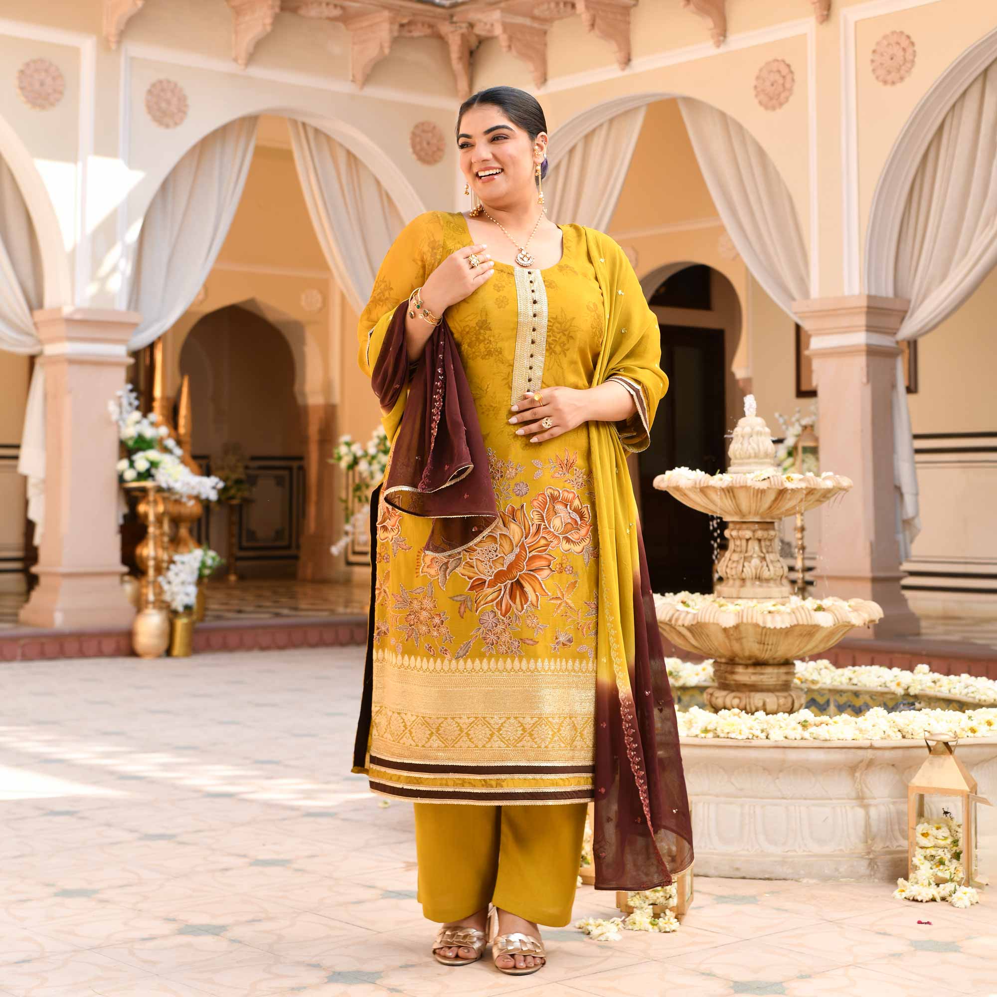 Daffodil- Lime Yellow Tissue Silk Banarasi Suit Set - Image 5