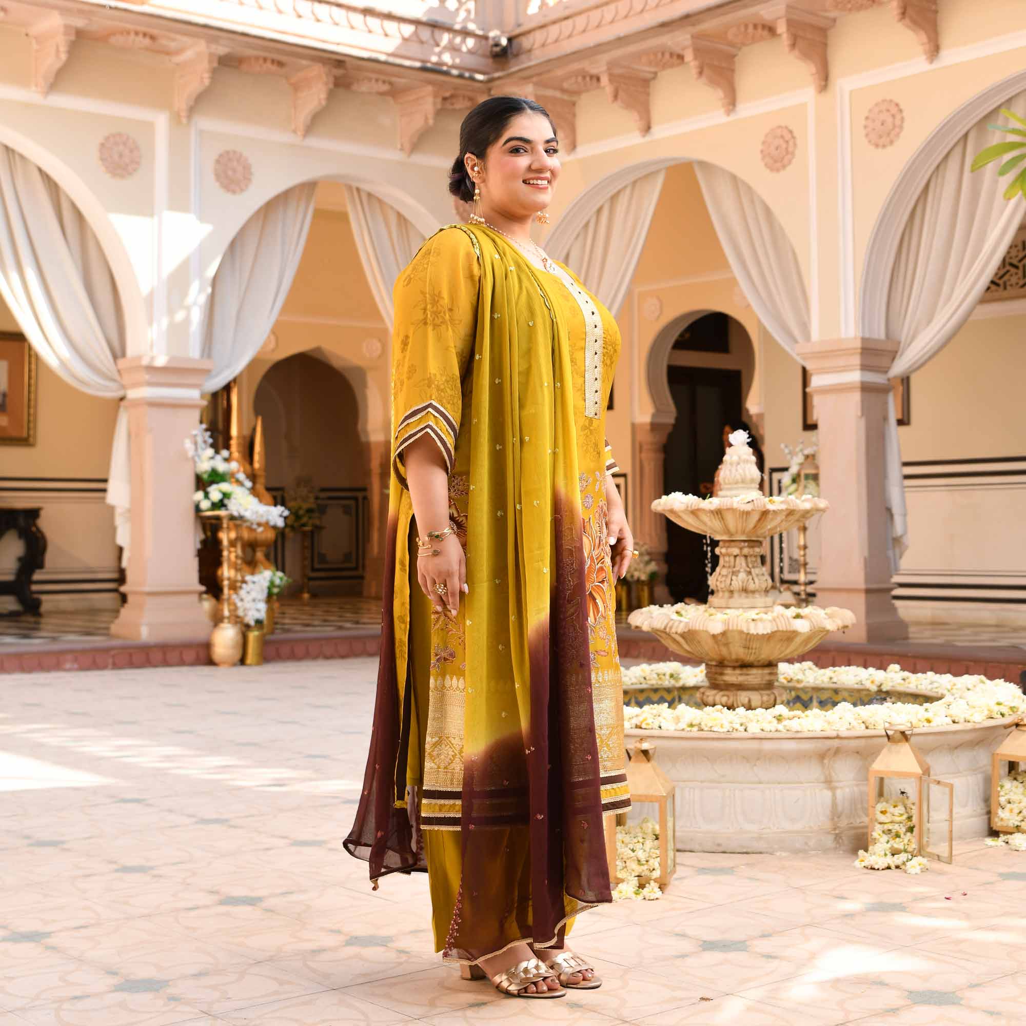 Daffodil- Lime Yellow Tissue Silk Banarasi Suit Set - Image 8