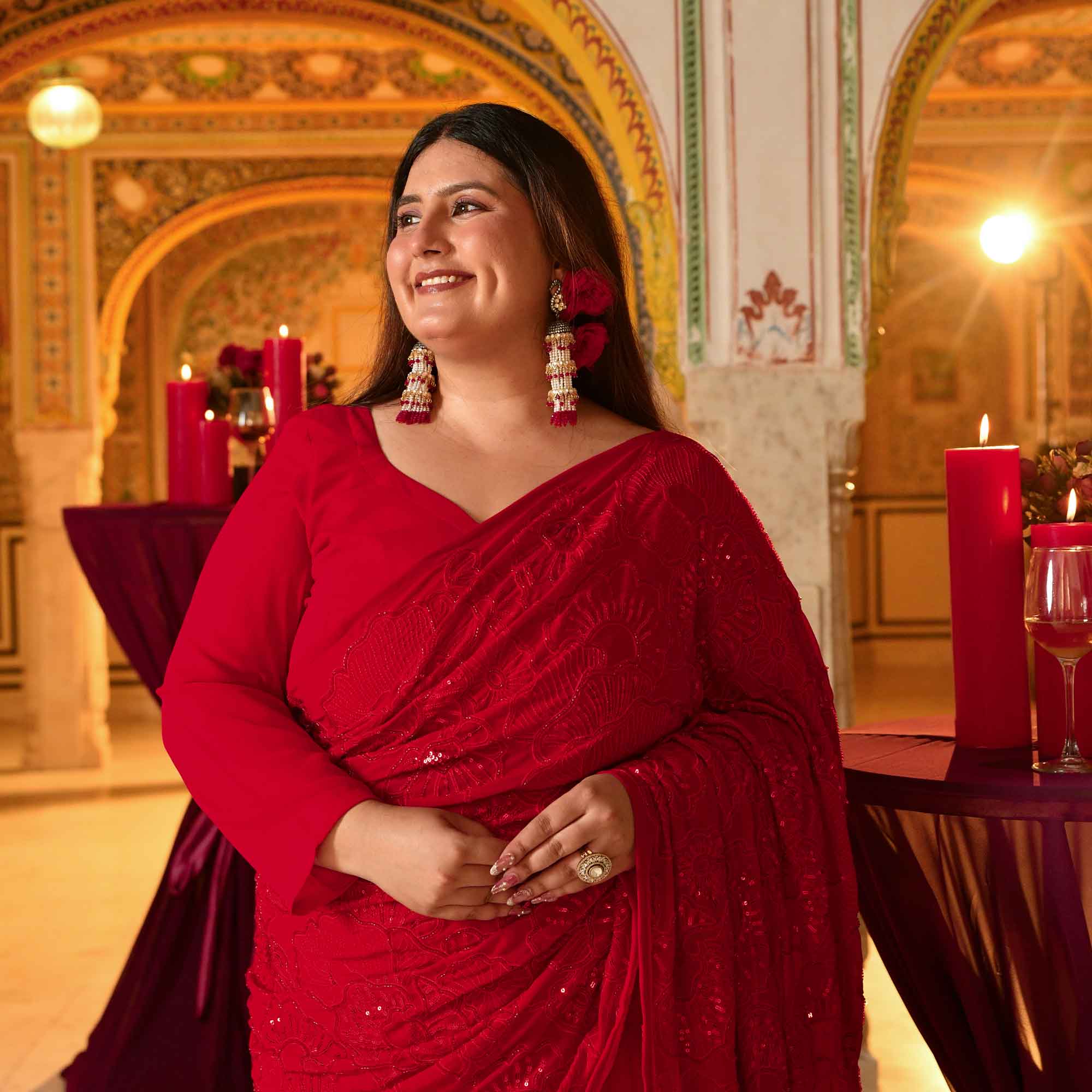 Darling- Red Georgette Cutdana Embroidered Drape Saree Set - Image 3