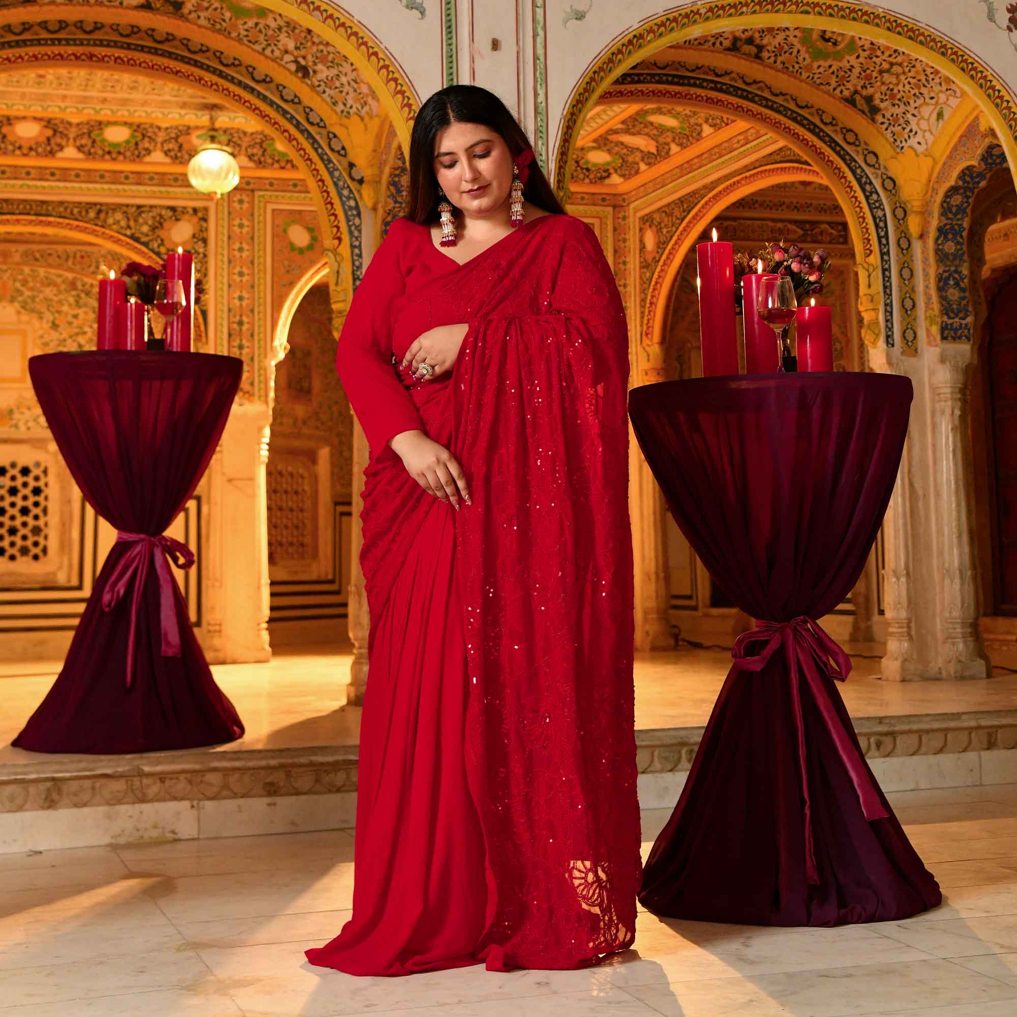 Darling- Red Georgette Cutdana Embroidered Drape Saree Set - Image 4