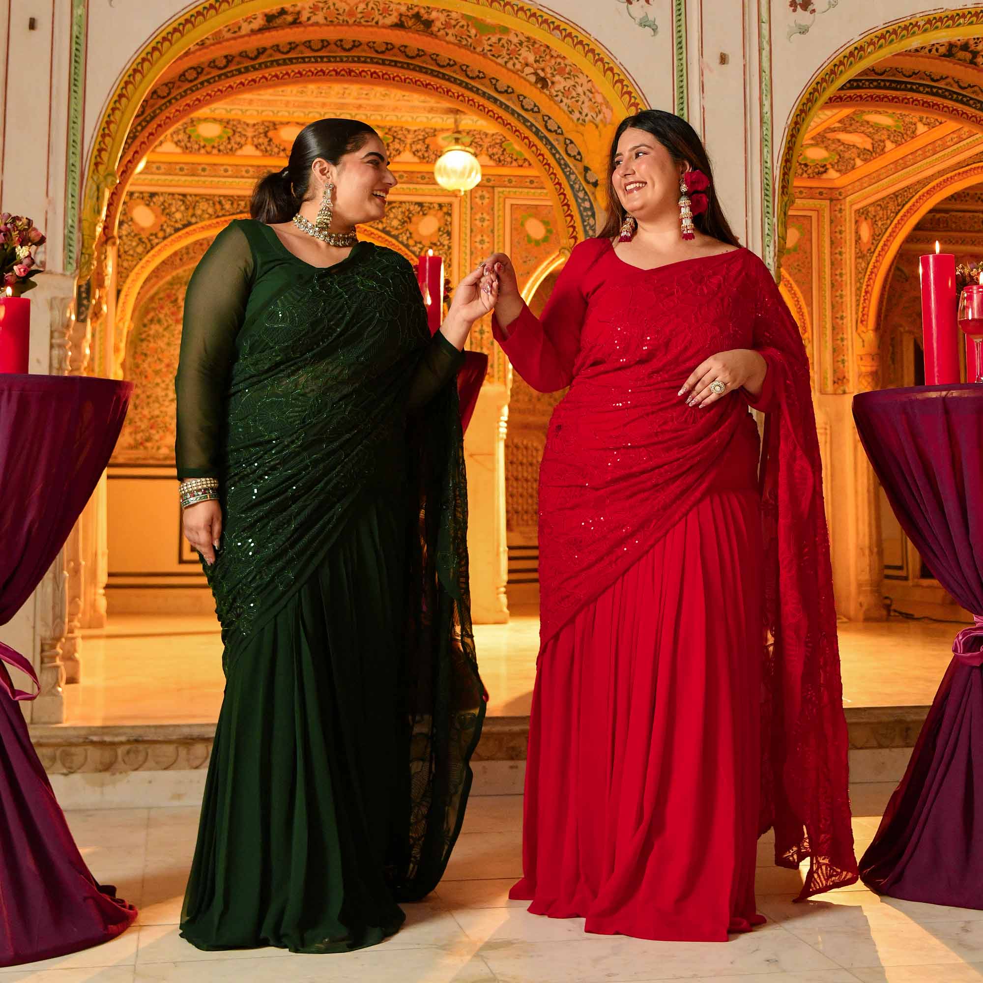 Darling- Red Georgette Cutdana Embroidered Drape Saree Set - Image 5