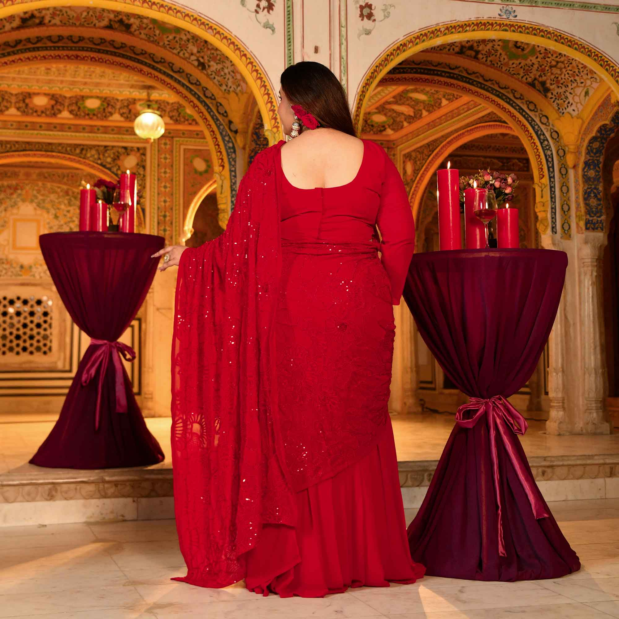 Darling- Red Georgette Cutdana Embroidered Drape Saree Set - Image 6