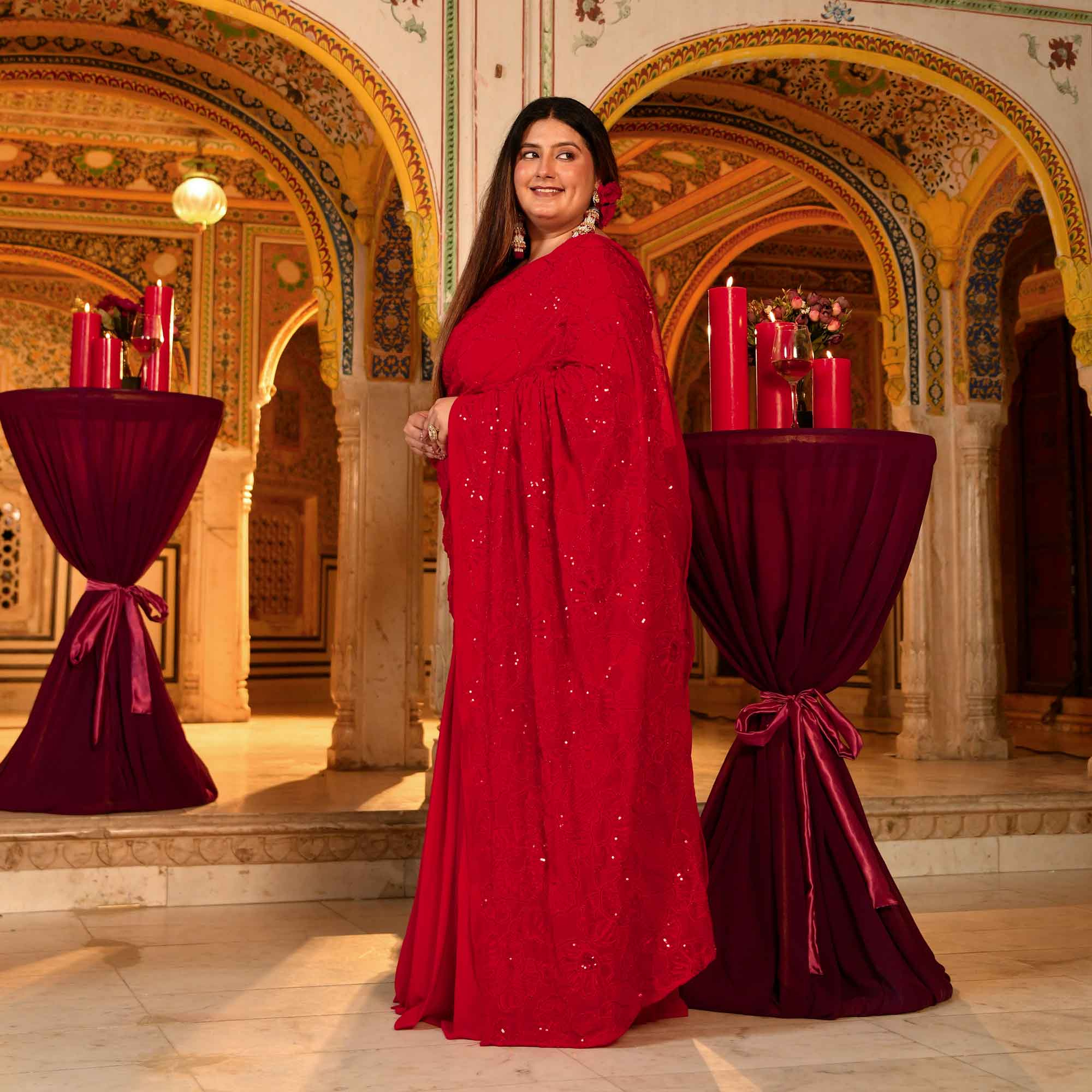 Darling- Red Georgette Cutdana Embroidered Drape Saree Set - Image 8