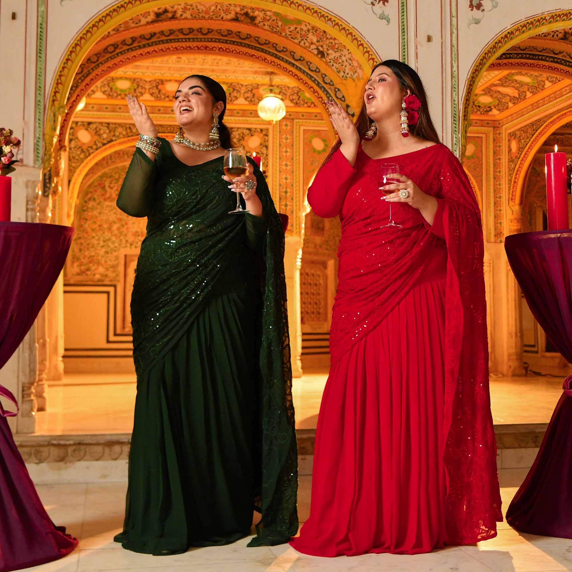Darling- Red Georgette Cutdana Embroidered Drape Saree Set - Image 9