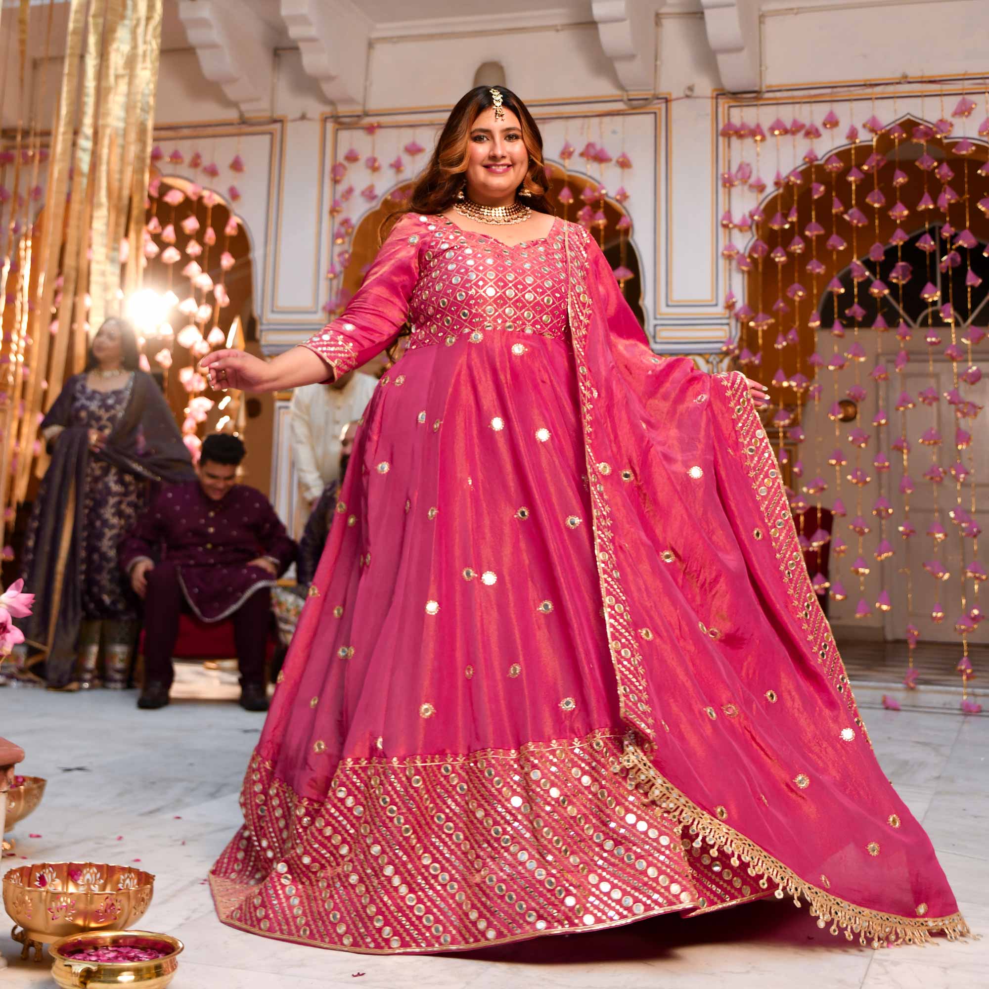 Dazzling Peony -Deep Pink Pure Tissue Silk Embroidered Anarkali Set - Image 14