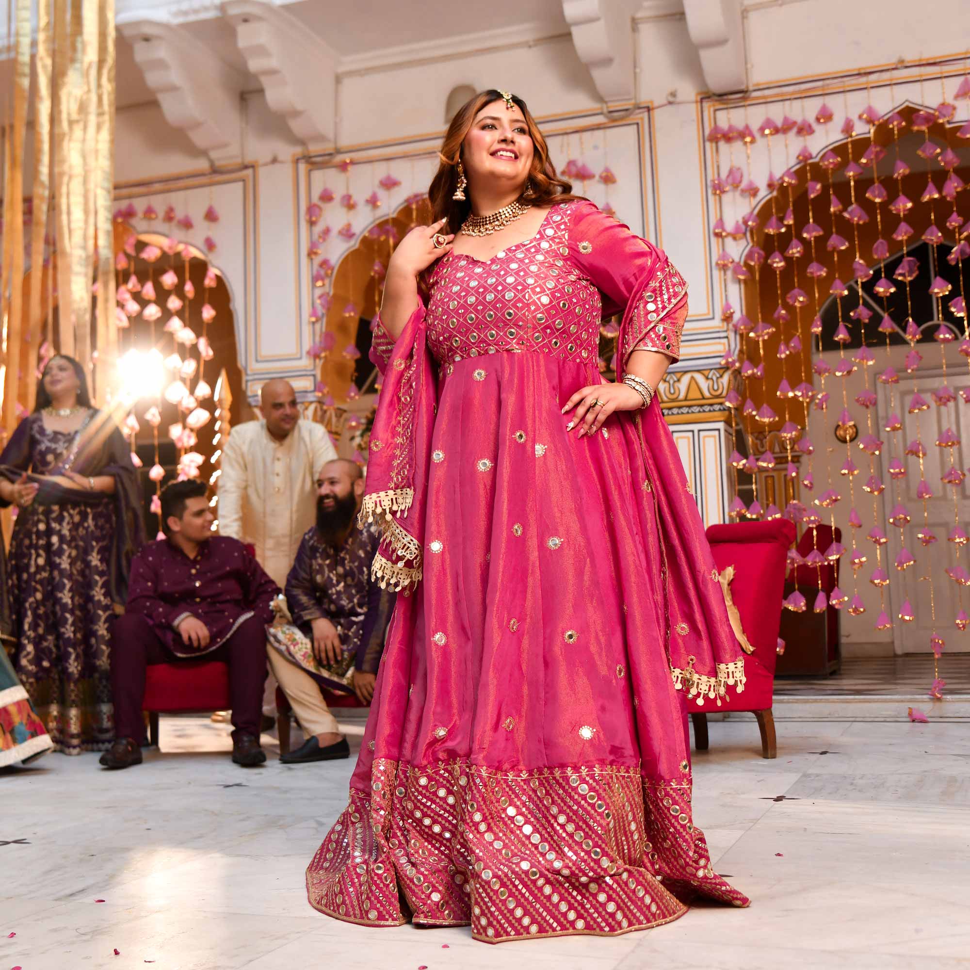 Dazzling Peony -Deep Pink Pure Tissue Silk Embroidered Anarkali Set - Image 16