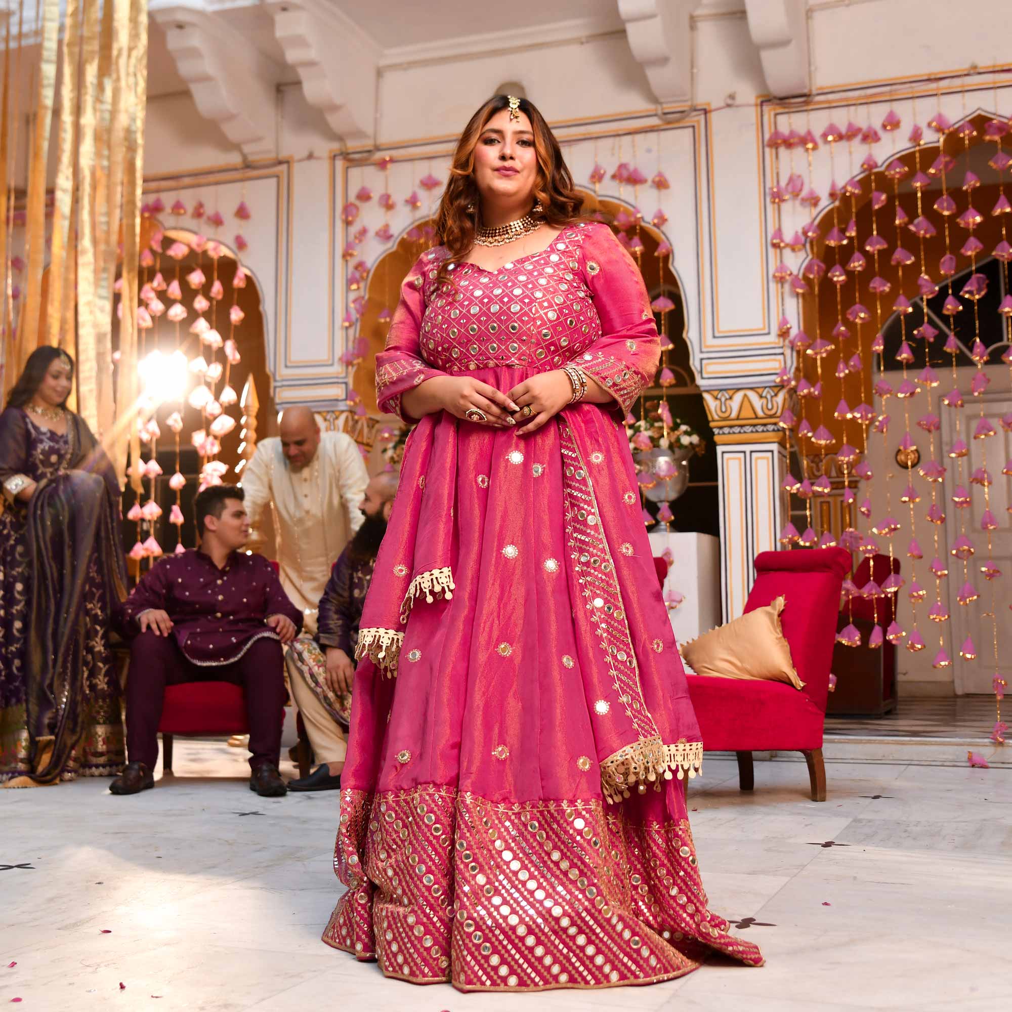 Dazzling Peony -Deep Pink Pure Tissue Silk Embroidered Anarkali Set - Image 17