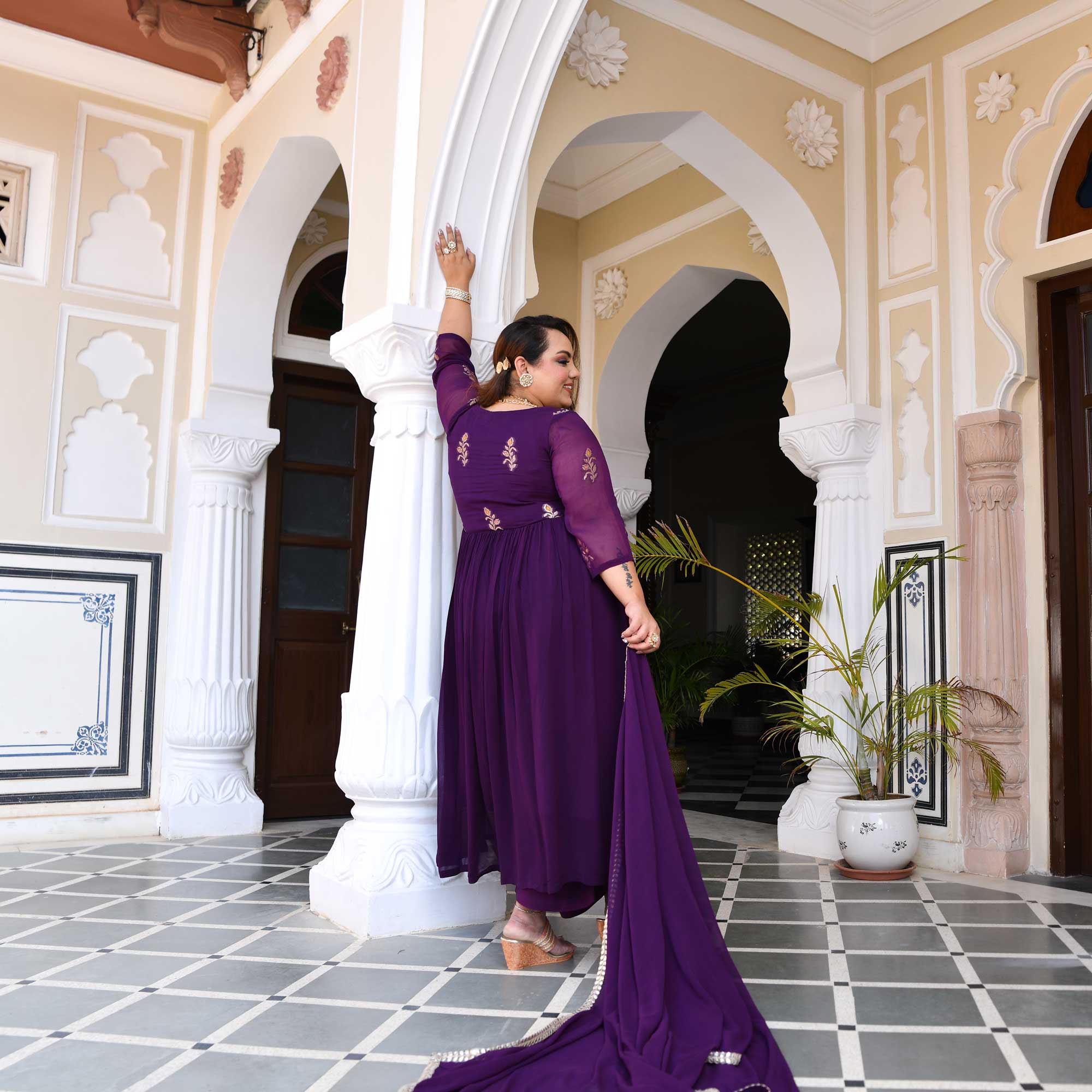 Deep Purple Banarasi Alia Cut Georgette Suit Set - Image 10